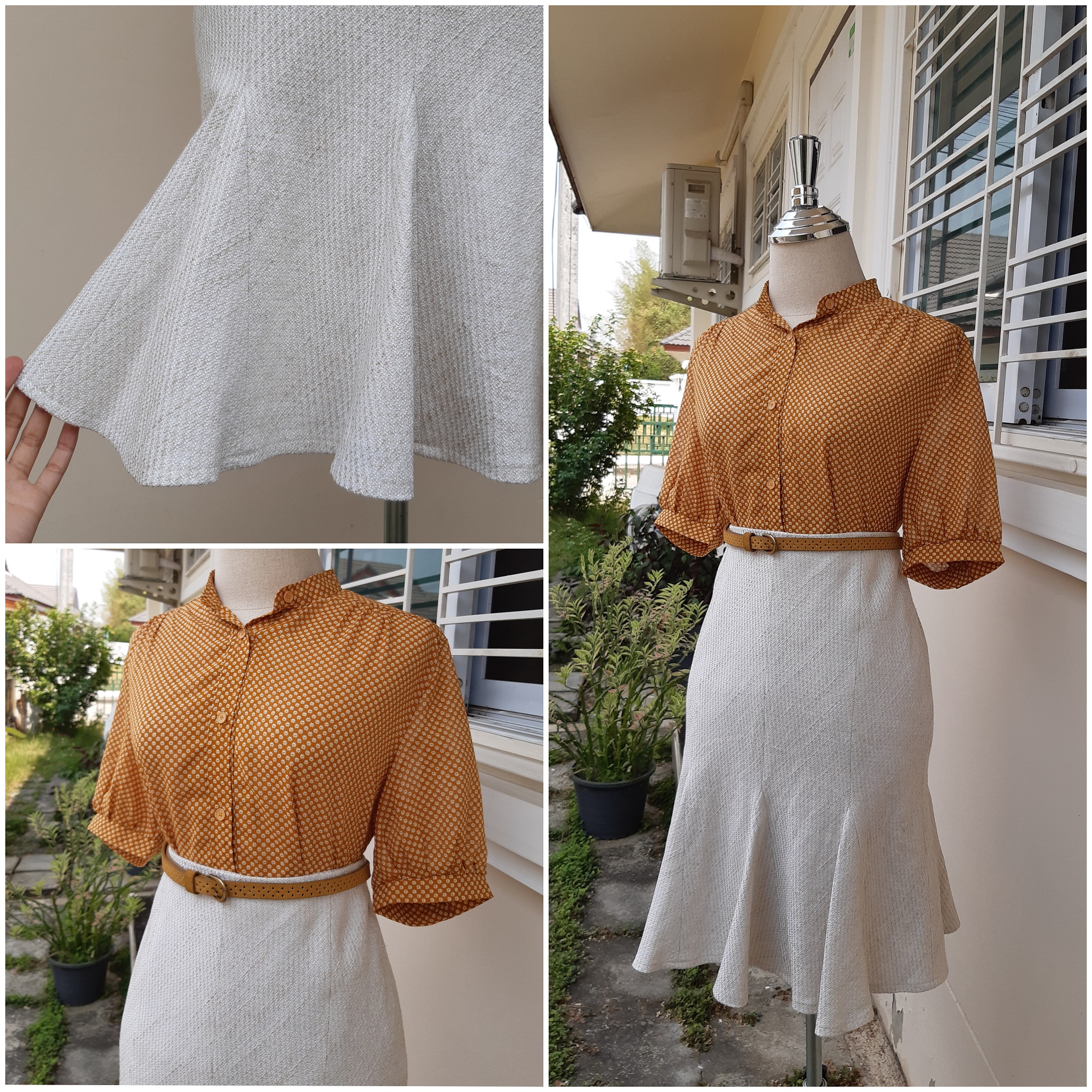 กระโปรงผ้าทวีตทรงหางปลาสีครีม