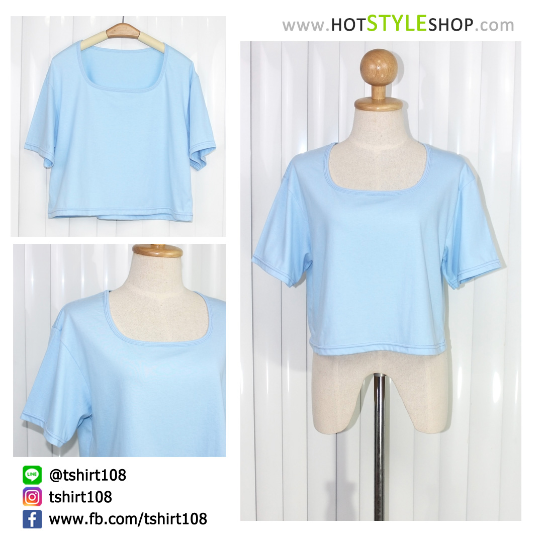 เสื้อครอปคอเหลี่ยม แขนสั้น สีพาสเทล