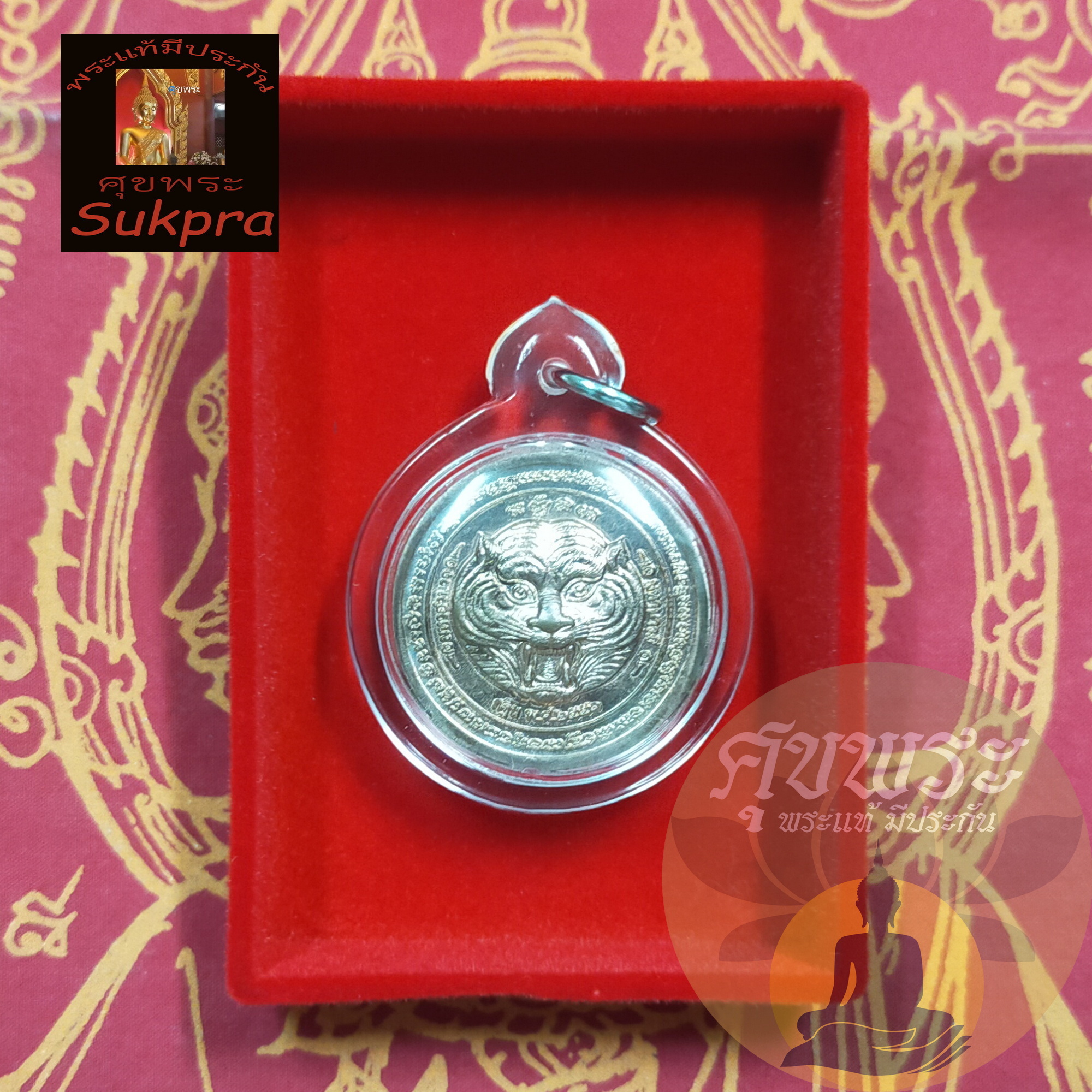 พระแท้ เหรียญกลมนั่งเต็มองค์ หลวงพ่อเพี้ยน อัคคธัมโม วัดเกริ่นกฐิน ลพบุรี หลังหน้าเสือ รุ่นกฐินปี2551 เนื้อทองแดง พร้อมเลี่ยม ประกัน ศุขพระ