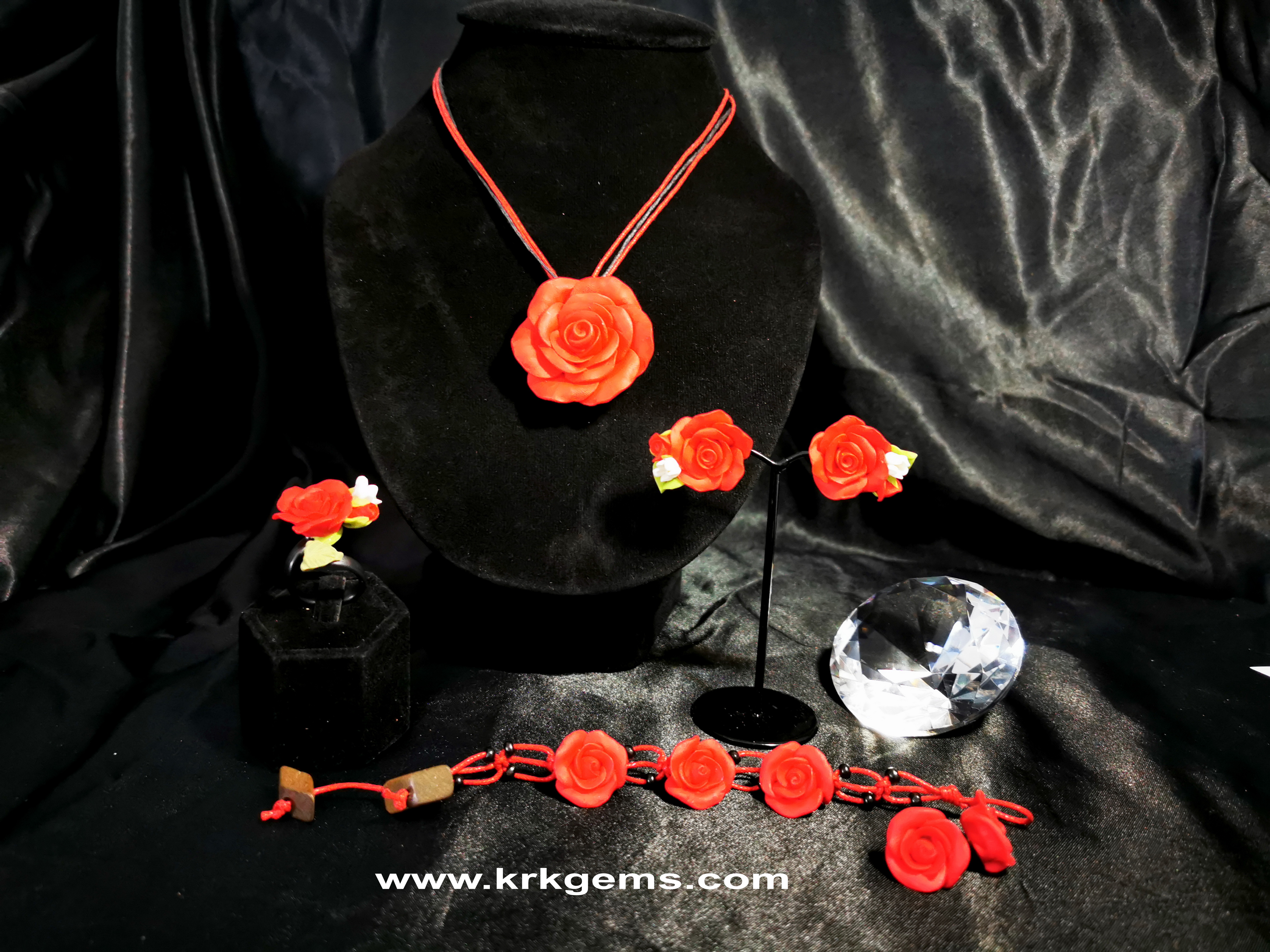 RED ROSE HANDMADE CLAY NECKLACE BRACELET EARRING RING