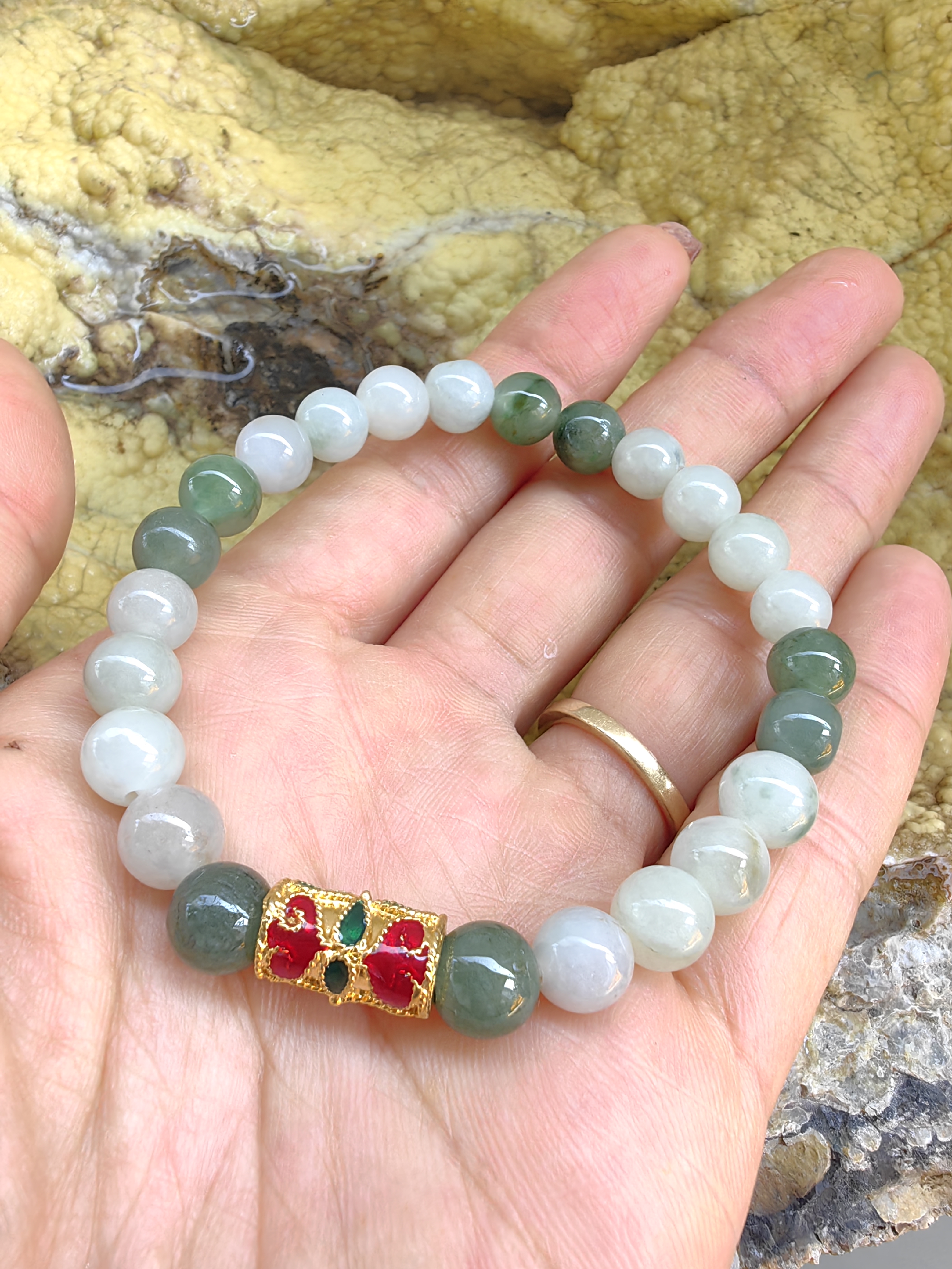 Burmese Jadeite Bracelets Thai Enamel Gold plated 8 mm. สร้อยข้อมือหยกพม่า ลงยาสุโขทัย กลม 8 มม. Free Size