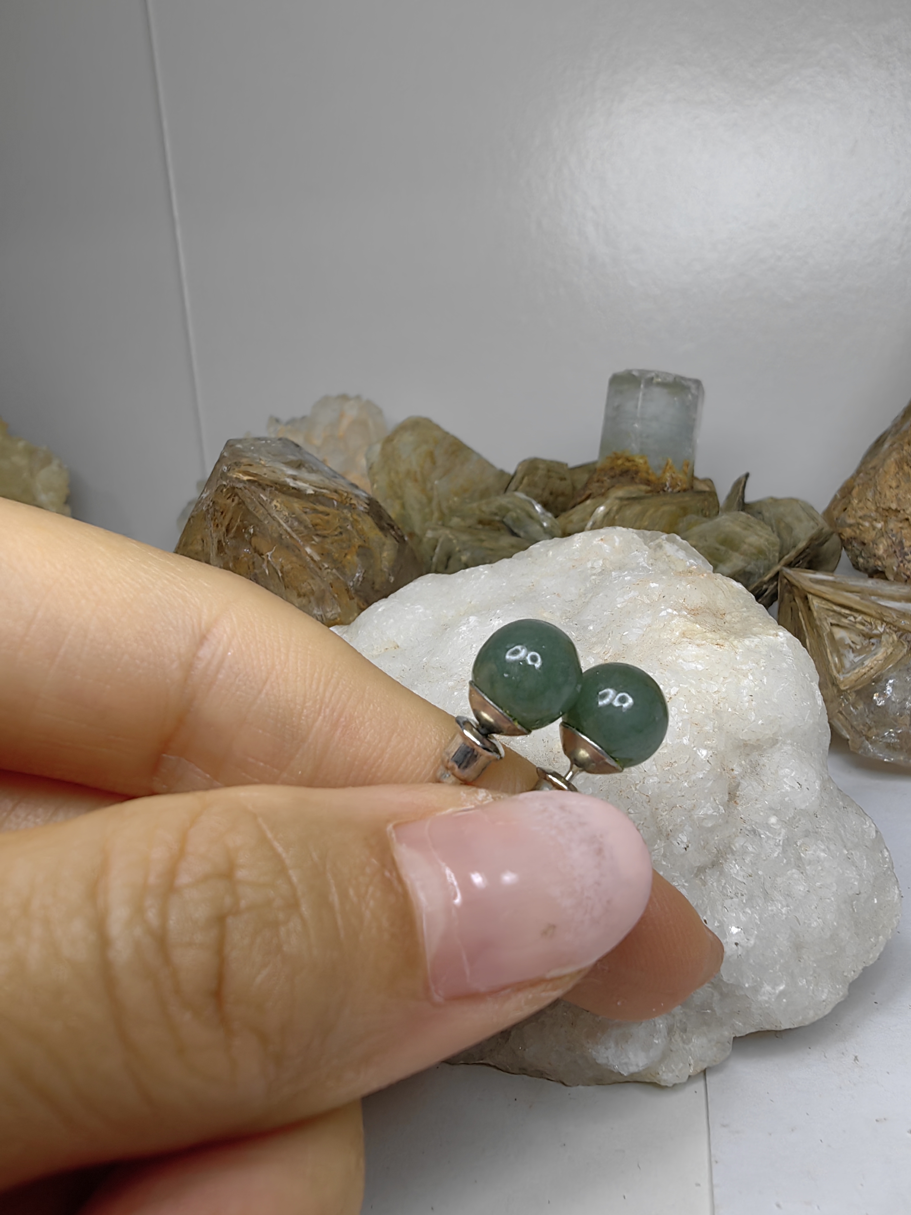 Burmese Earrings Rhodium Plated ต่างหูหยกเจไดต์พม่า ชุบโรเดียม