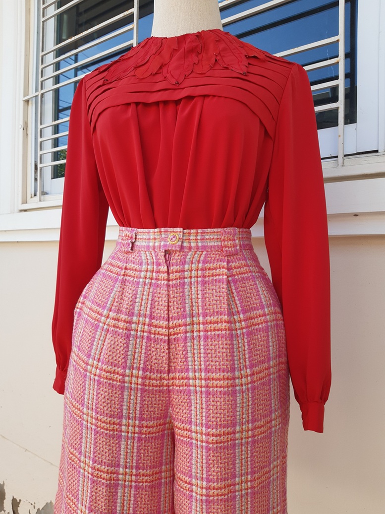 กางเกงวินเทจเอวสูงสีชมพูลายสก๊อต (Vintage pants)