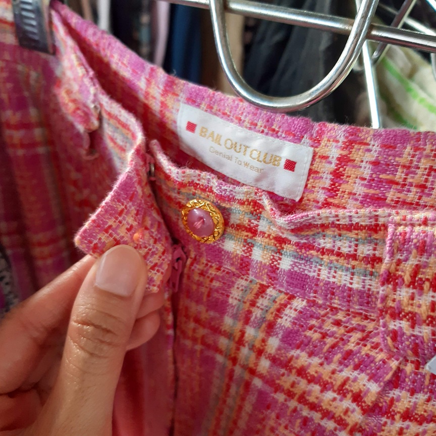 กางเกงวินเทจเอวสูงสีชมพูลายสก๊อต (Vintage pants)