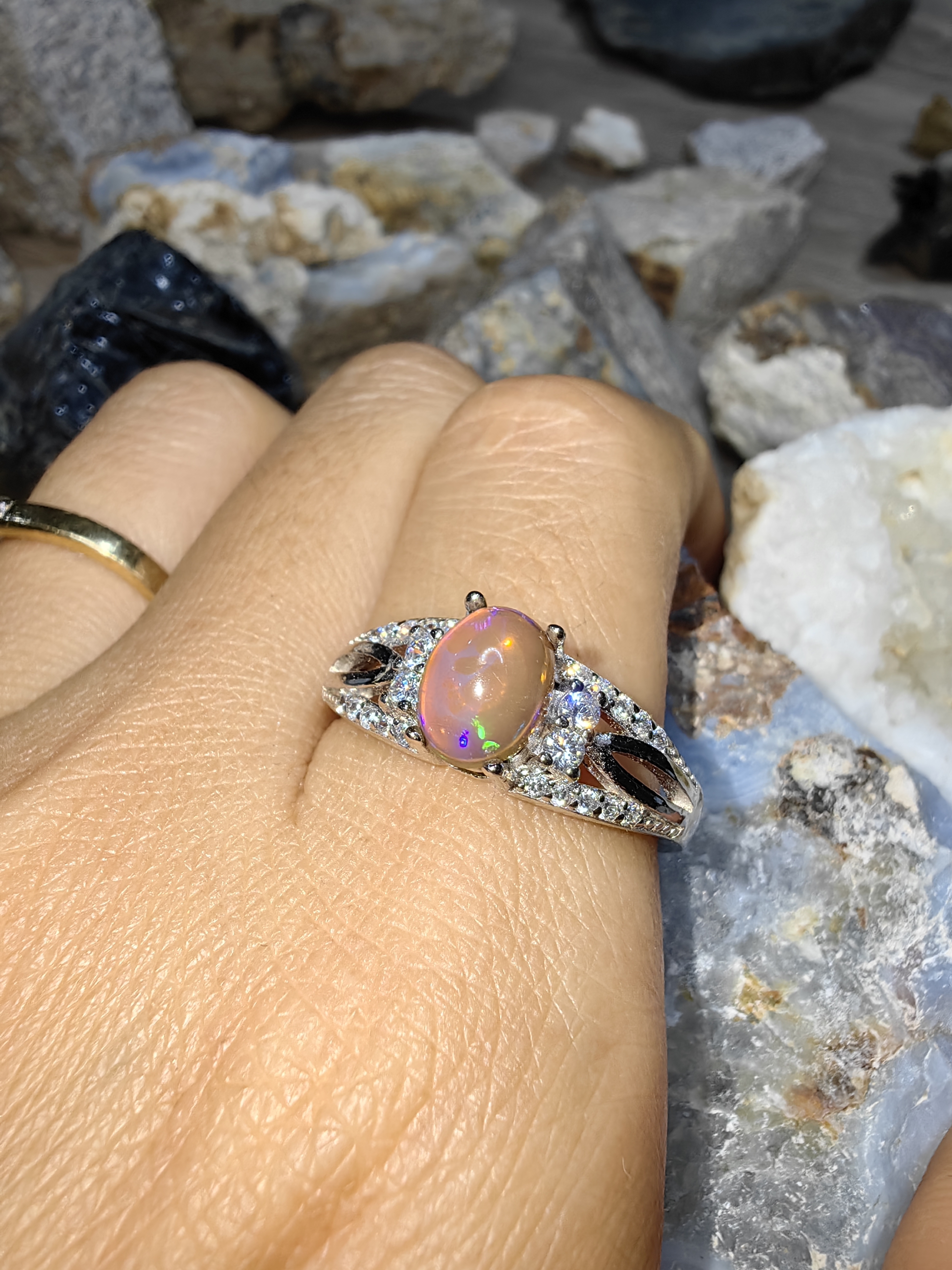 Opal, Swiss Diamond 925 Sterling Silver Ring แหวนโอปอ เพชรสวิส เงินแท้ 925 Size 60