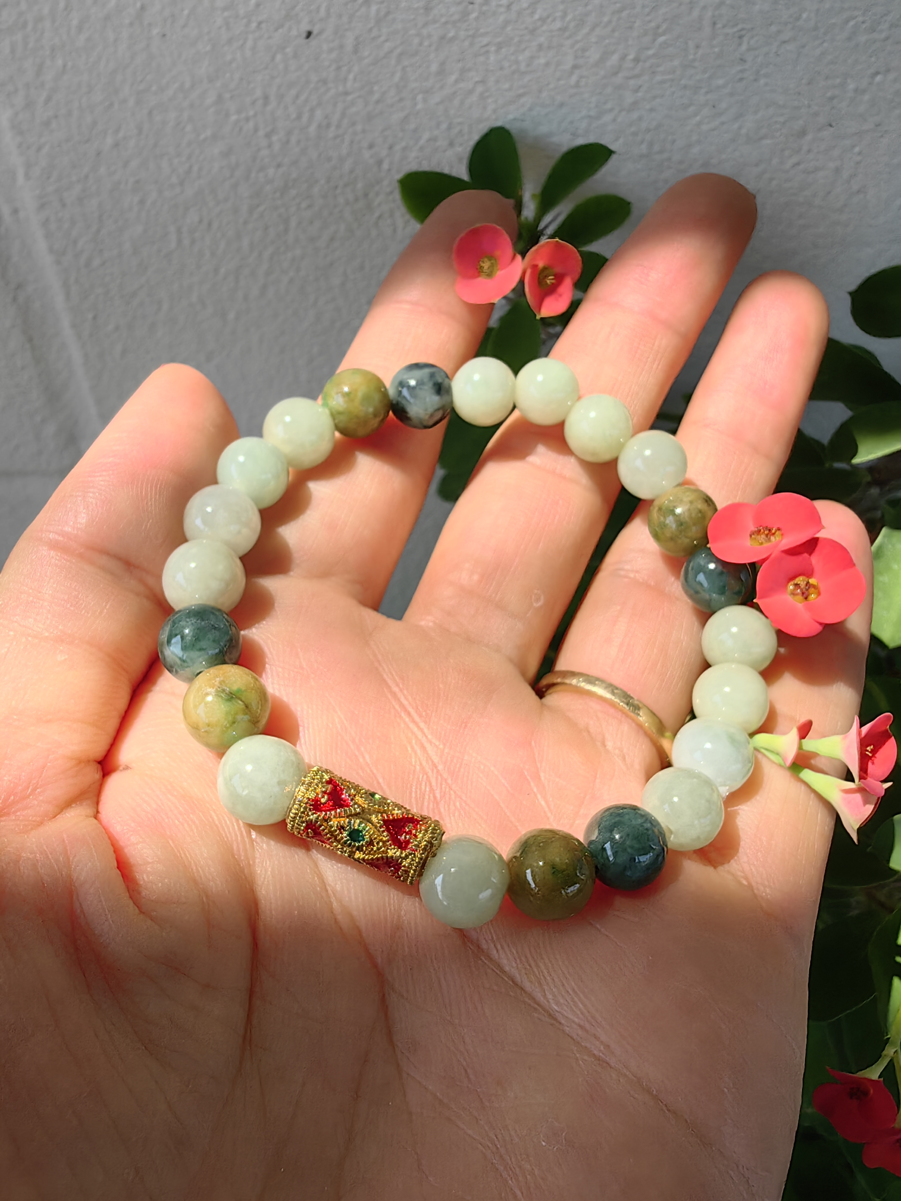 Burmese Jadeite Bracelets Thai Enamel Gold plated 8 mm. สร้อยข้อมือหยกพม่า ลงยาสุโขทัย กลม 8 มม. Free Size