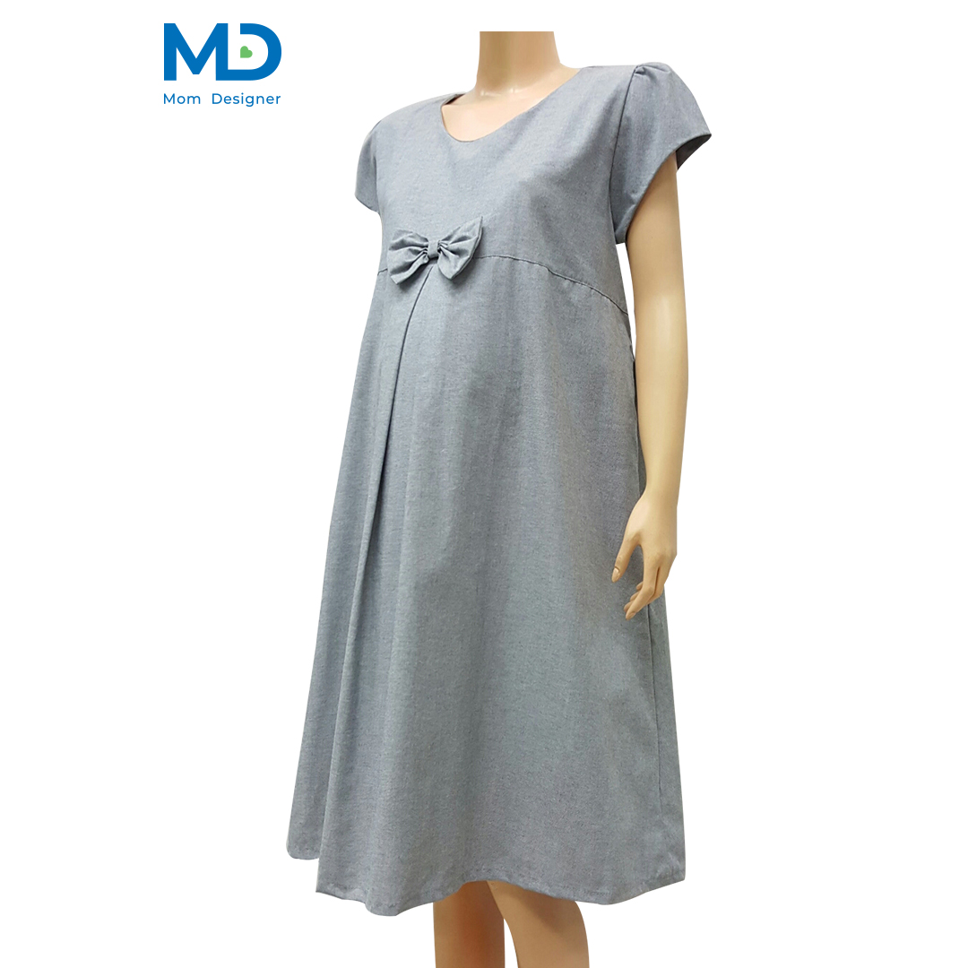 004GR ชุดคลุมท้องคอกลมโบว์จีบ สีเทา