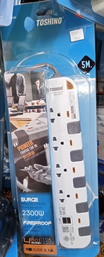 TOSHINO รางปลั๊กไฟ 4 ช่อง 4 สวิตซ์ สีขาว-เทา หัวปลั๊ก 90 องศา 5เมตร รุ่น P4375 WGS โตชิโน่