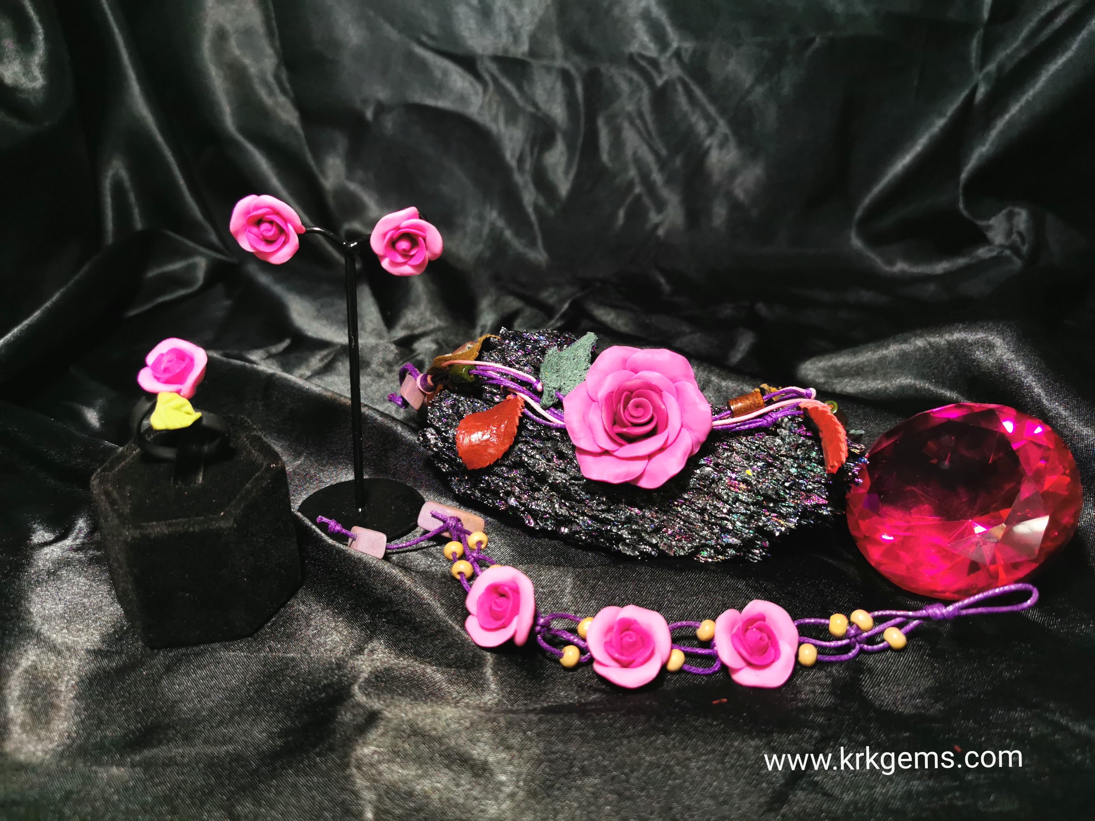 PURPLE ROSE HANDMADE CLAY NECKLACE BRACELET EARRING RING