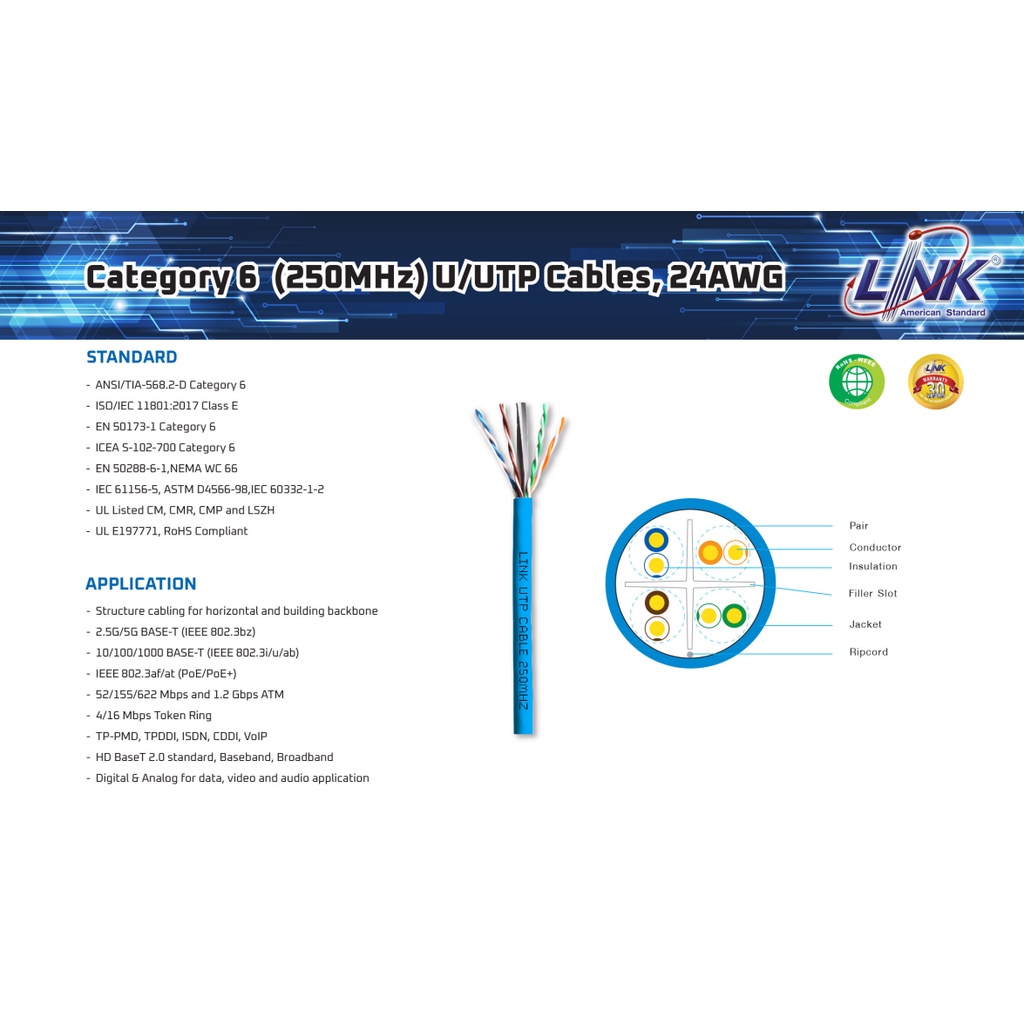 LINK สายแลน ภายใน CAT6 ยาว 100 เมตร รุ่น US-9106 สีฟ้า ยี่ห้อ ลิงค์ US-9106A-1 CAT6 UTP