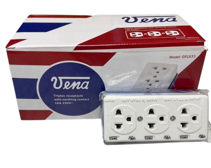 (ยกกล่อง 12 อัน) Vena ปลั๊กลอย 3 ที่ วีน่า GR1633 มีกราวน์ ทูโทน-ซีรีส์ Triplex receptacleearthing Two tones-series 16A 250V