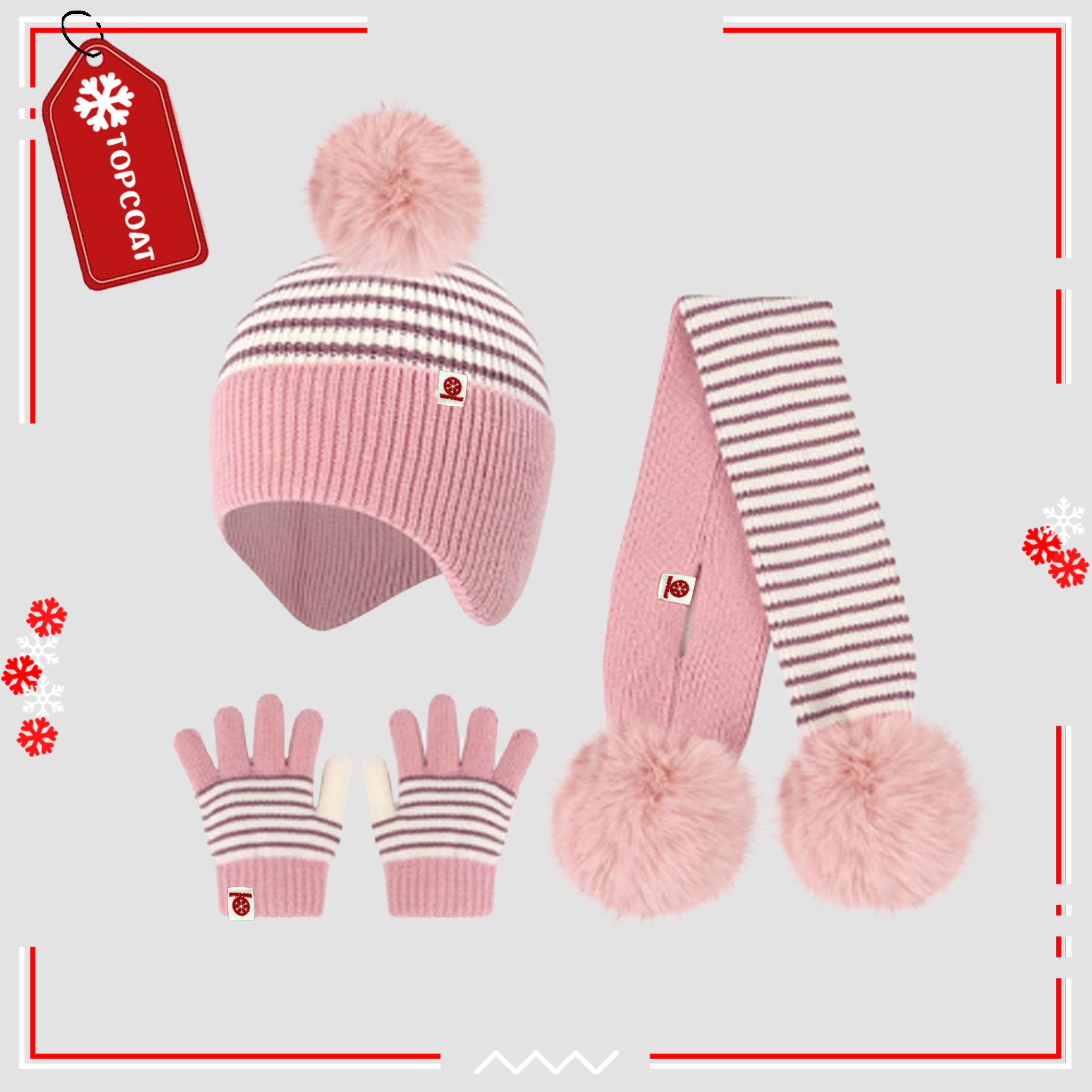 เซ็ทถุงมือ หมวกและผ้าพันคอแบบสวมสำหรับเด็กลายเส้น มีจุกเฟอร์ตกเเต่งที่หมวกและผ้าพันคอ