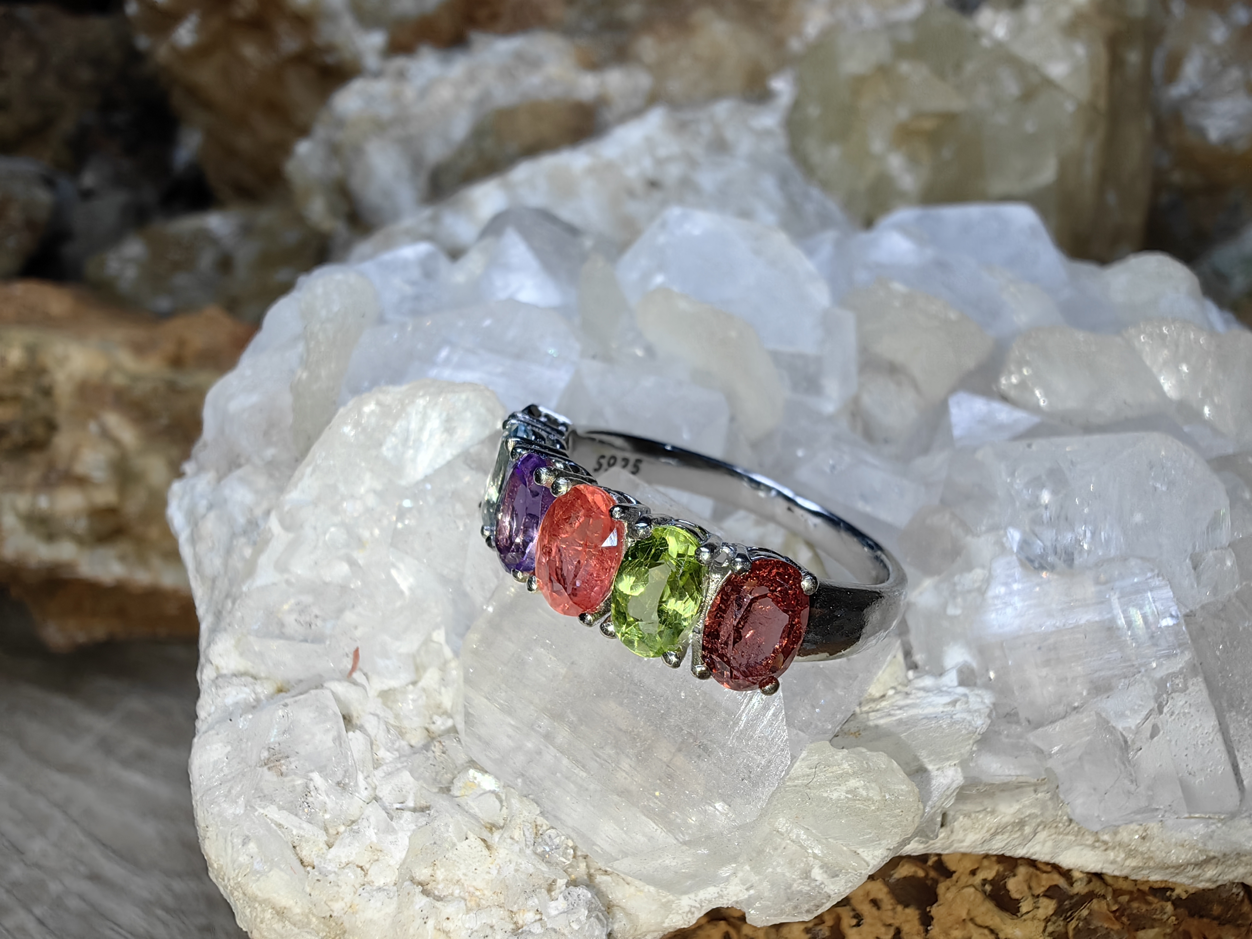 Ruby, Peridot, Tourmaline, Amethyst, Topaz, Smoky Quartz 925 Sterling Silver แหวนทับทิม เพอริดอท ทัวร์มาลีน อเมทิสต์ สโมกกี้ควอตซ์ Size 57 เงินแท้ 925
