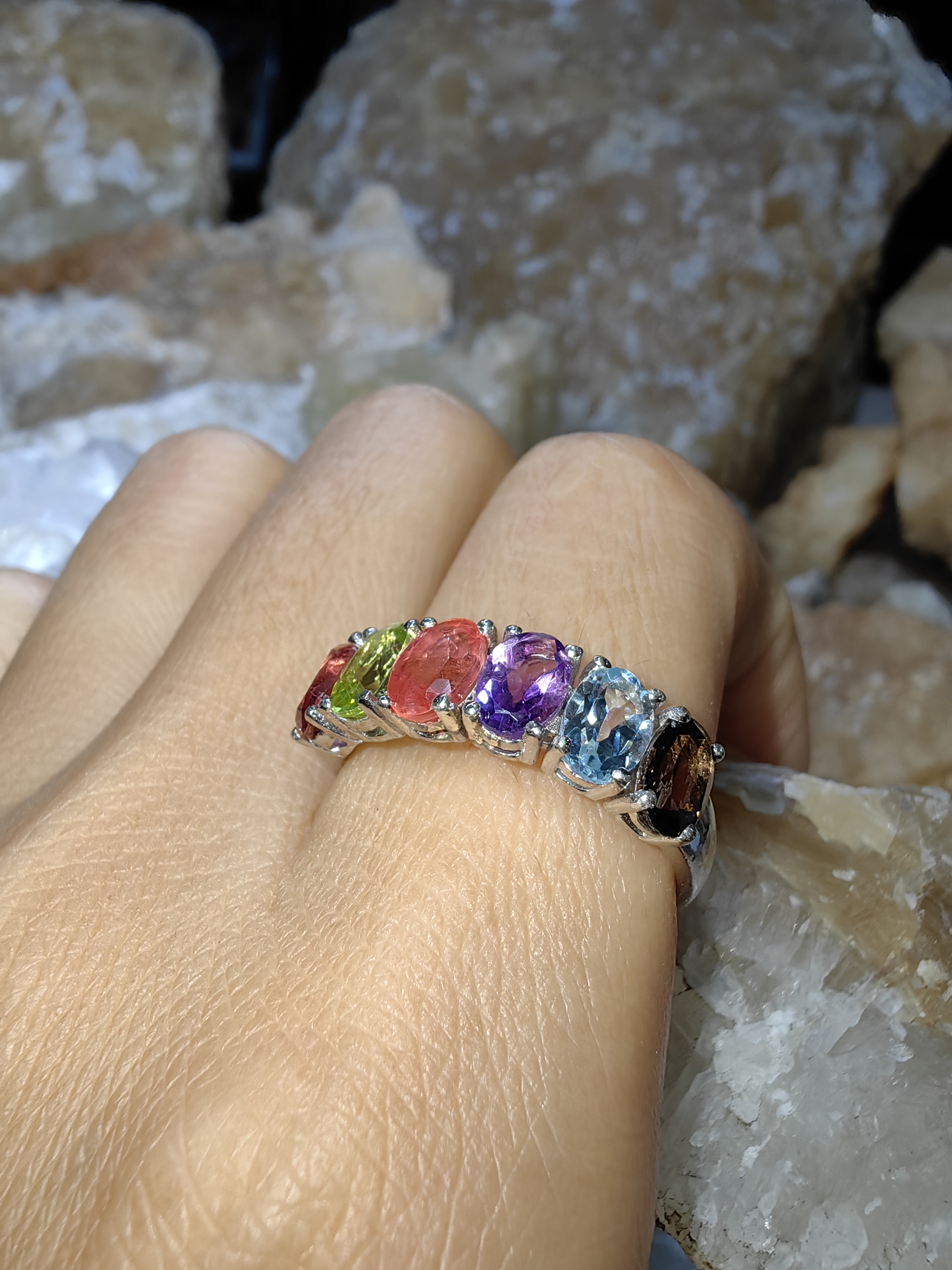 Ruby, Peridot, Tourmaline, Amethyst, Topaz, Smoky Quartz 925 Sterling Silver แหวนทับทิม เพอริดอท ทัวร์มาลีน อเมทิสต์ สโมกกี้ควอตซ์ Size 57 เงินแท้ 925