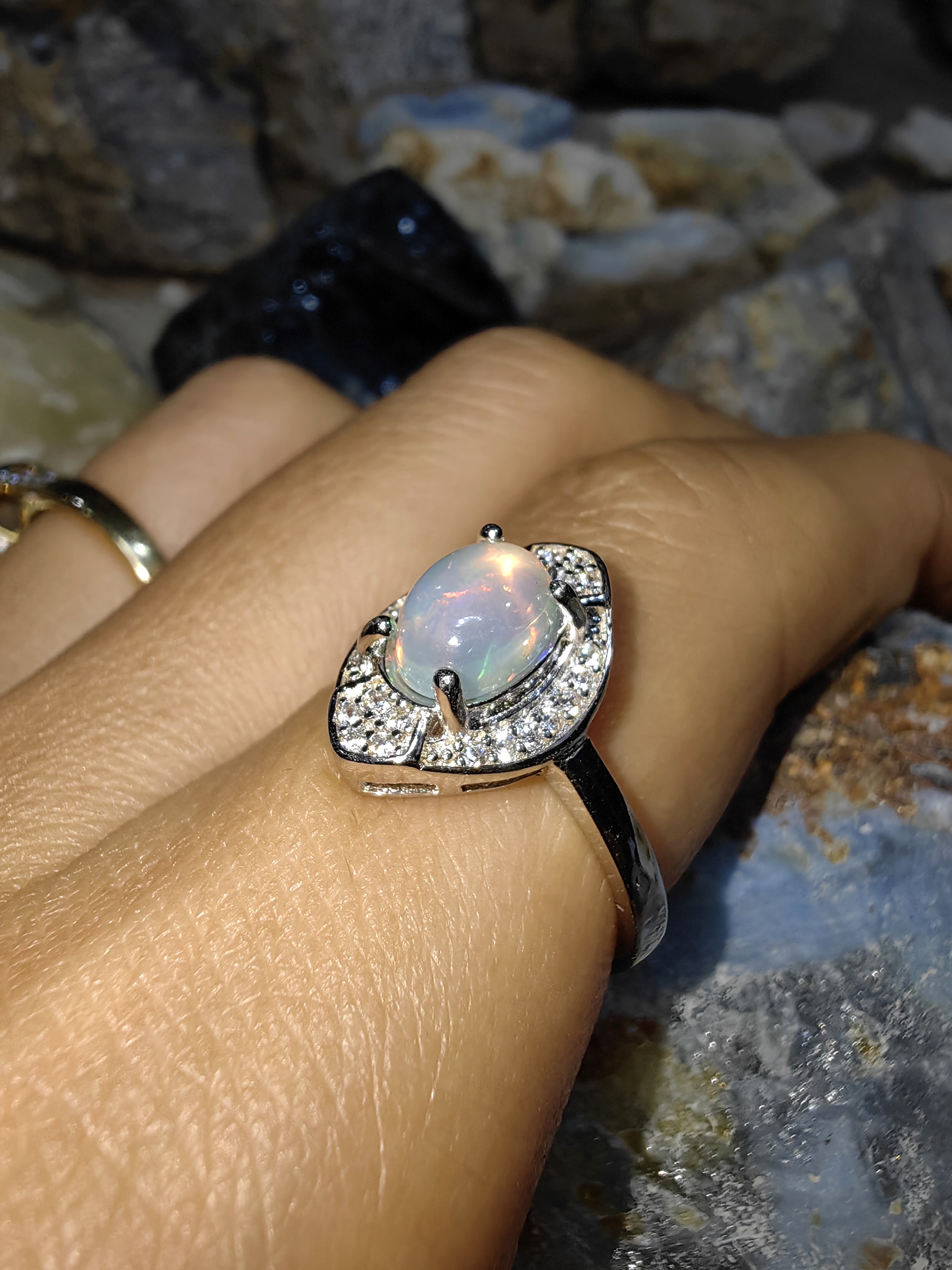 Opal, Swiss Diamond 925 Sterling Silver Ring แหวนโอปอ เพชรสวิส เงินแท้ 925 Size 54