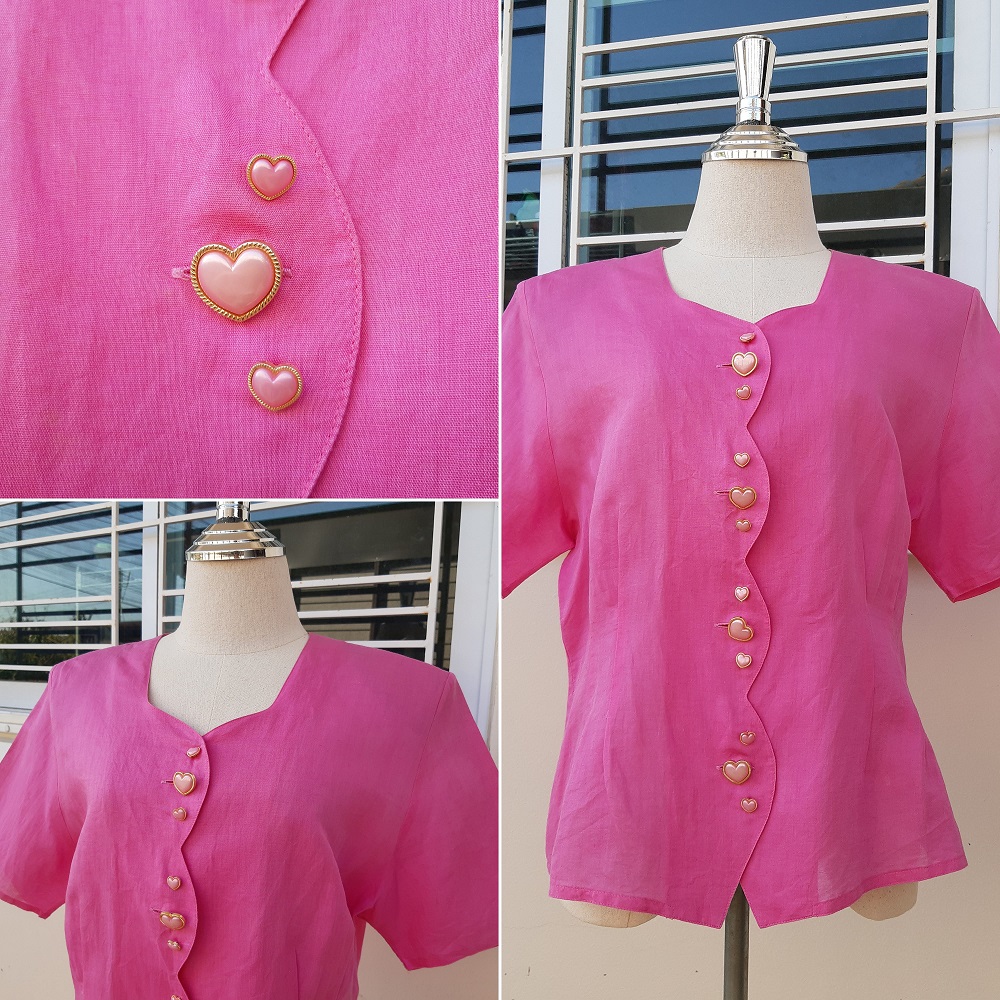 เสื้อวินเทจผ้าลินินมีชมพูหวานๆ กระดุมหัวใจ