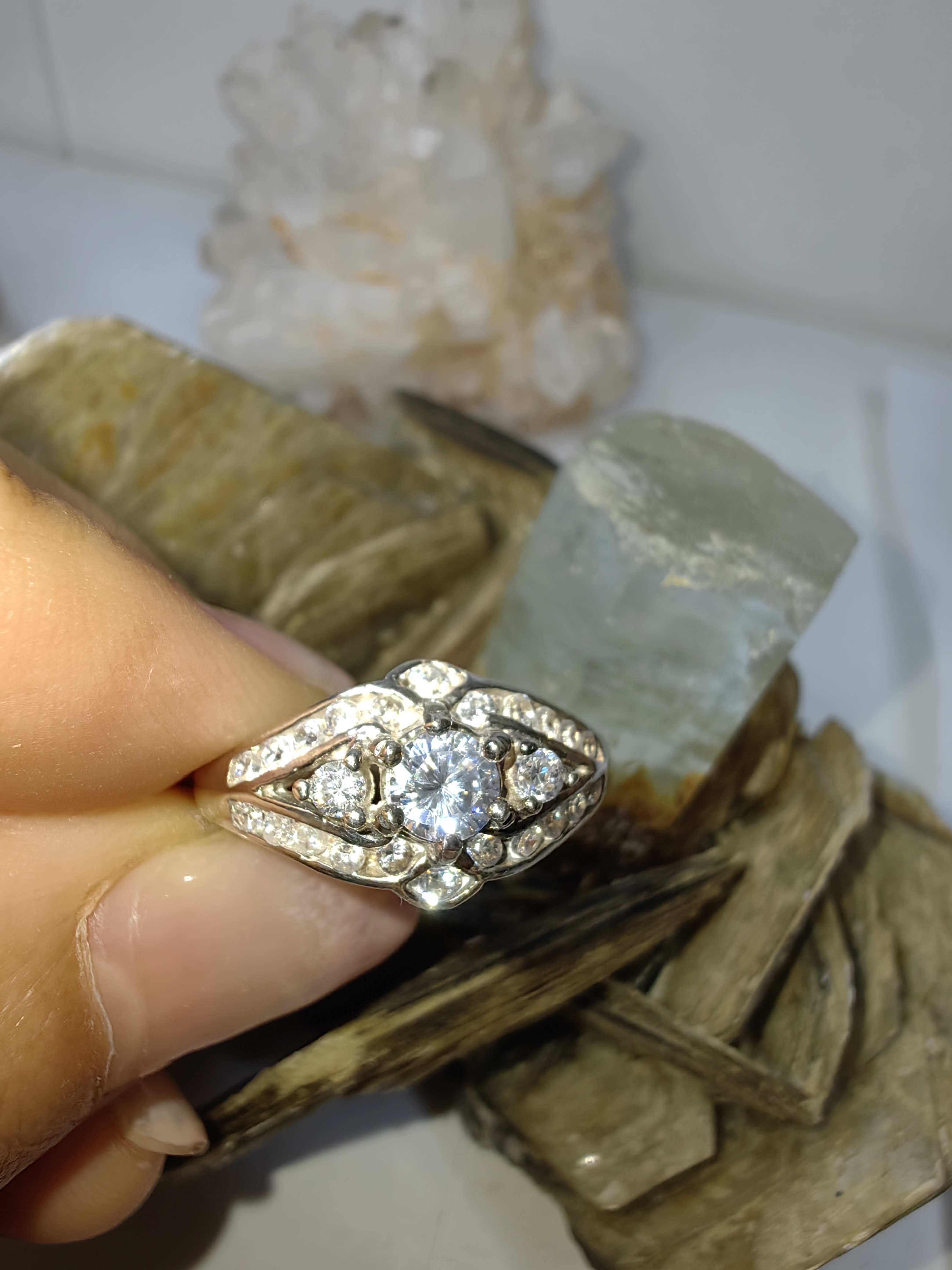 แหวนเพชร CZ เงินแท้ 92.5% Cubic Zirconia 925 Sterling Silver Ring Size 55