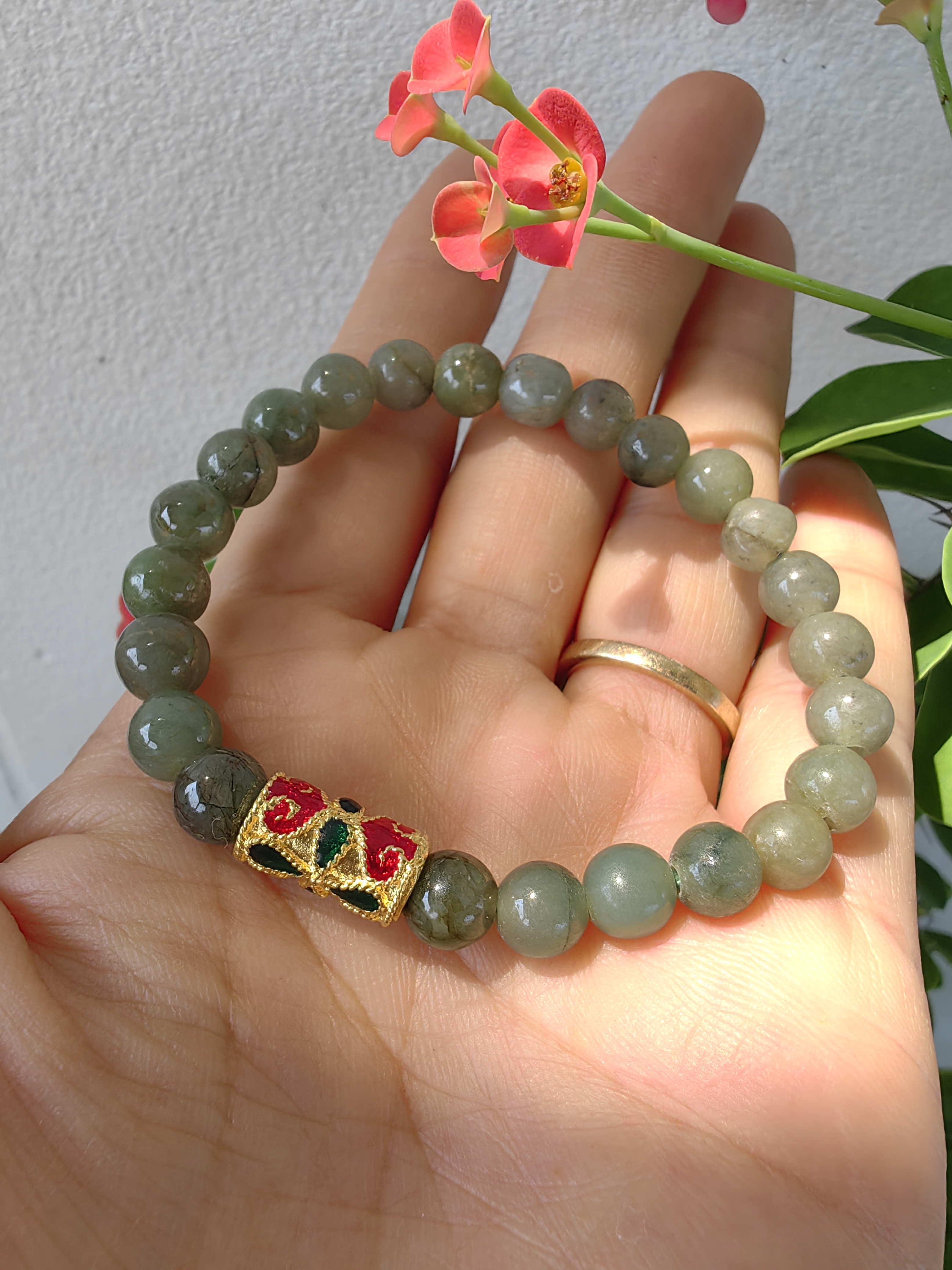 Burmese Jadeite Bracelets Thai Enamel Gold plated 7 mm. สร้อยข้อมือหยกพม่า ลงยาสุโขทัย กลม 7 มม. Free Size