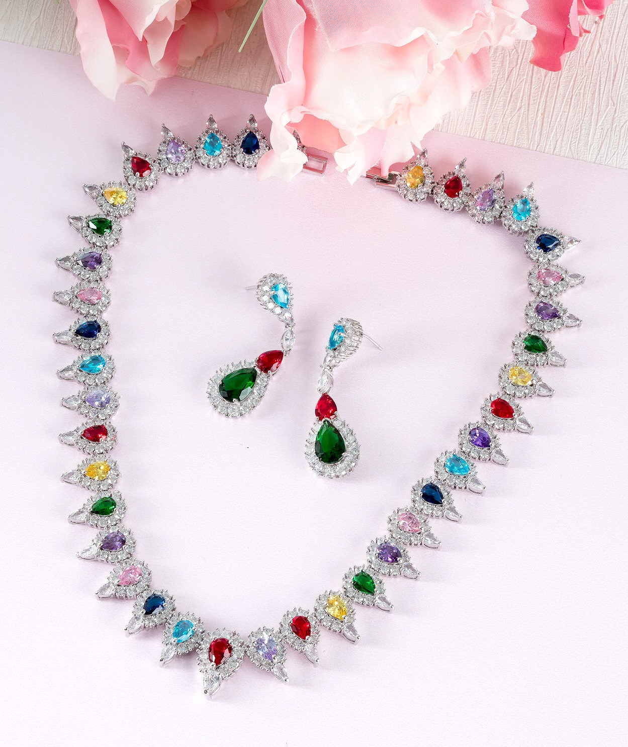 EMERALD RUBY BLUE - YELLOW - VIOLET - PINK SAPPHIRE DIAMOND 18K WHITE GOLD NECKLACE EARRING สร้อยคอ ต่างหู มรกต ทับทิม ไพลิน บุษราคัม แซฟไฟร์ม่วง แซฟไฟร์สีชมพู ล้อมเพชร ทอง 18K Pre-order
