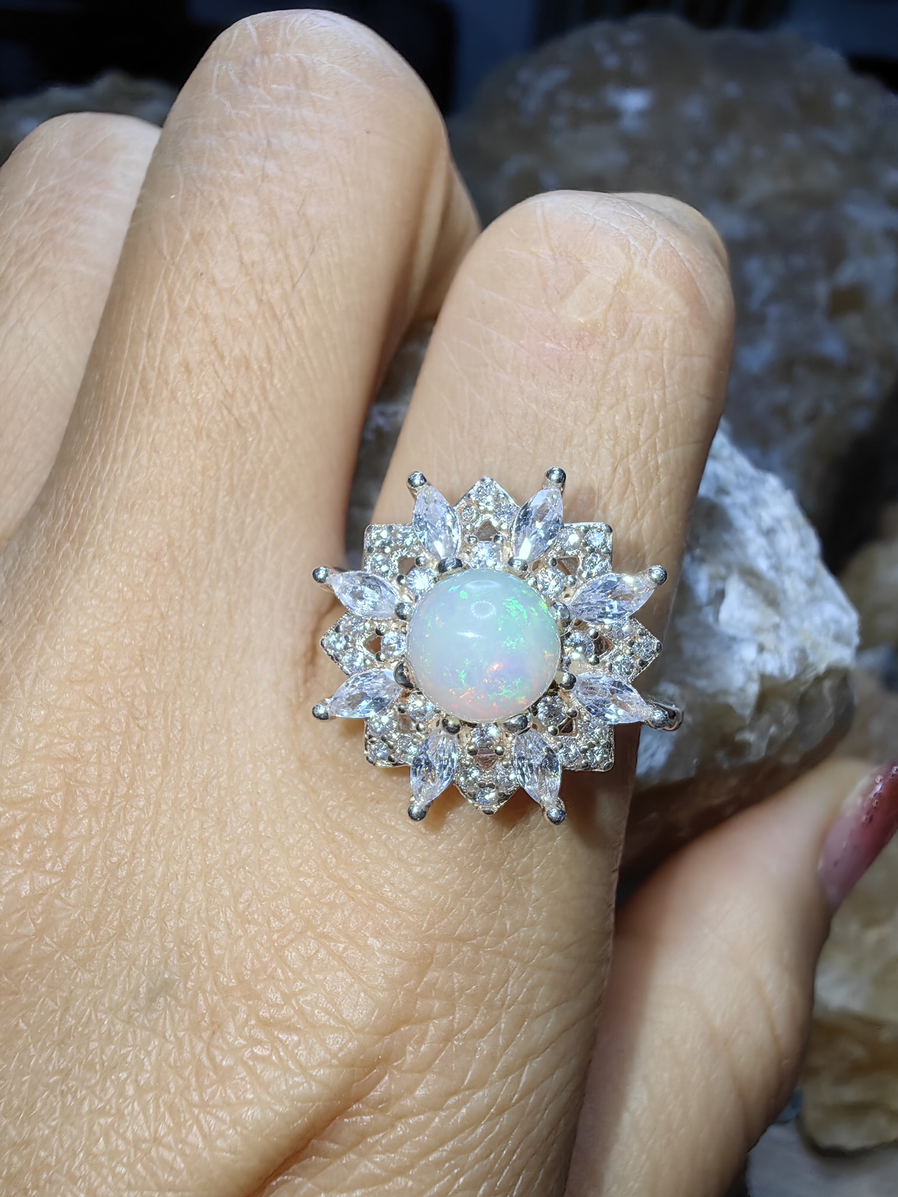 Opal, CZ 925 Sterling Silver Ring แหวนโอปอ เพชรCZ เงินแท้ 925 Size 56