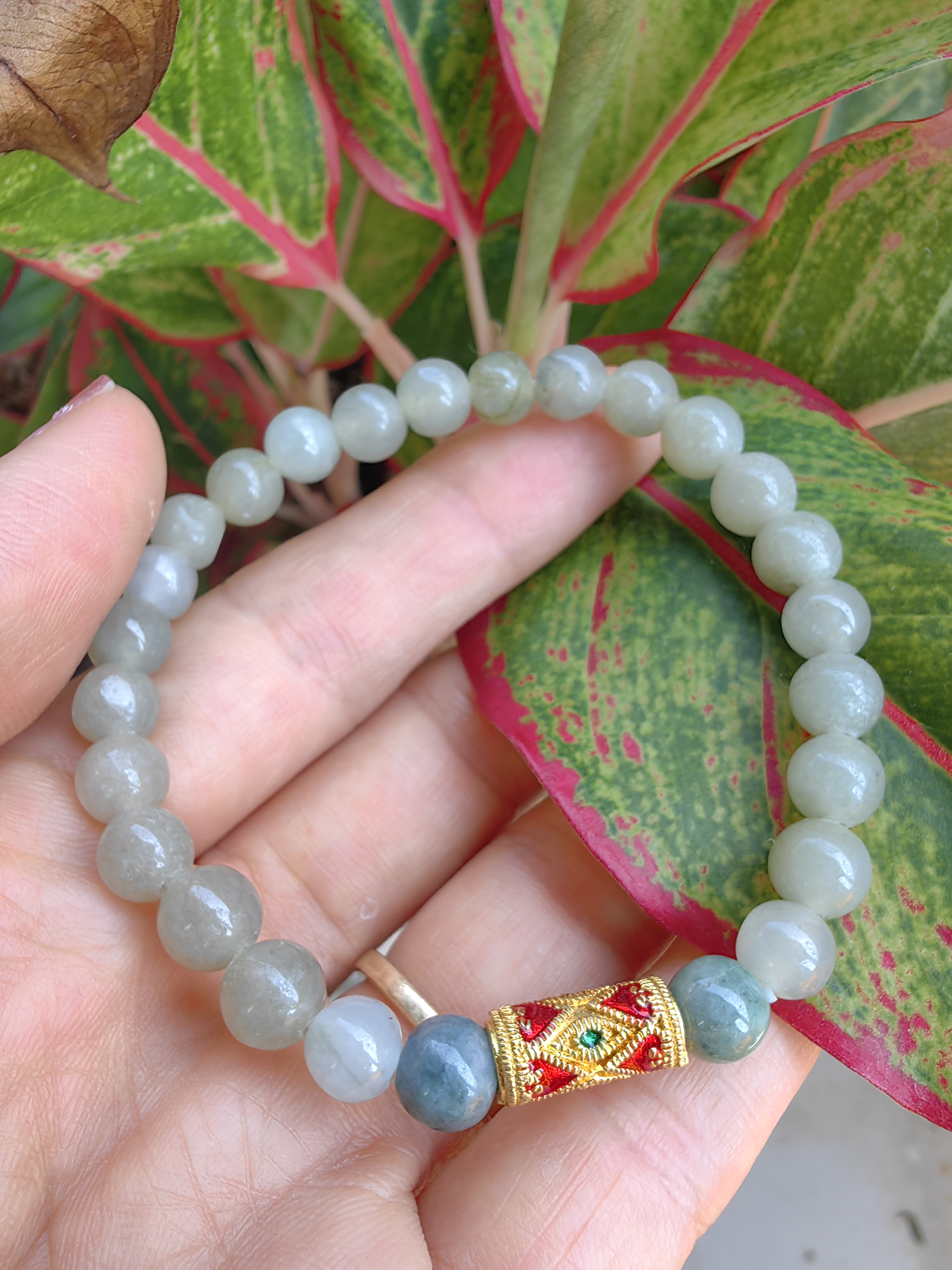 Burmese Jadeite Bracelets Thai Enamel Gold plated 7 mm. สร้อยข้อมือหยกพม่า ลงยาสุโขทัย กลม 7 มม. Free Size