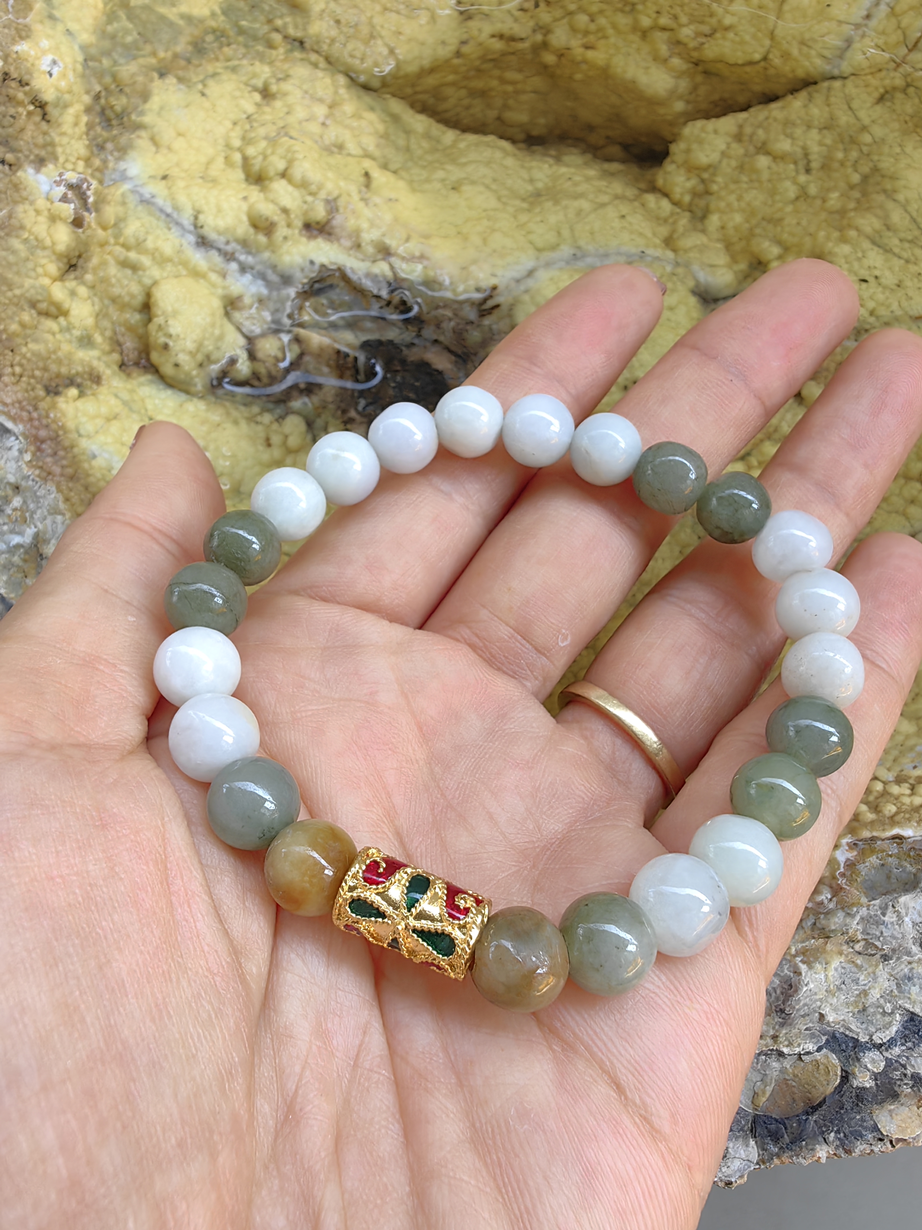 Burmese Jadeite Bracelets Thai Enamel Gold plated 8 mm. สร้อยข้อมือหยกพม่า ลงยาสุโขทัย กลม 8 มม. Free Size