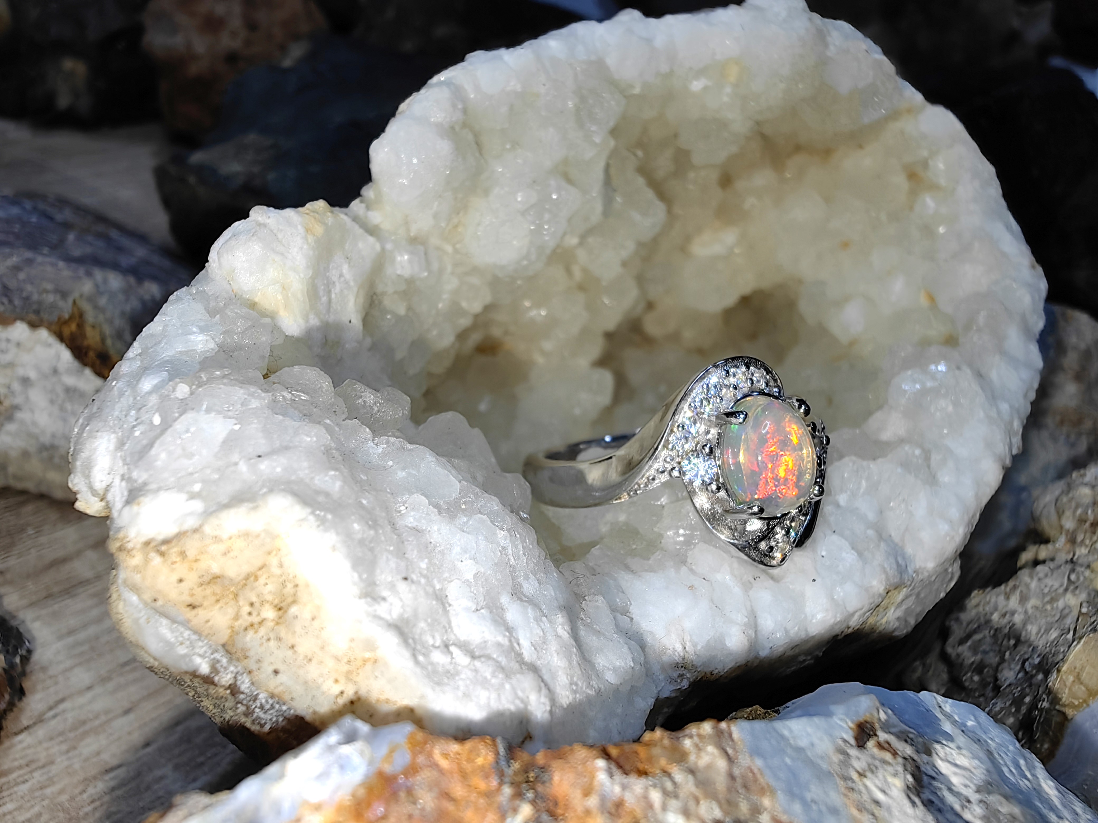 Opal, Swiss Diamond 925 Sterling Silver Ring แหวนโอปอ เพชรสวิส เงินแท้ 925 Size 54
