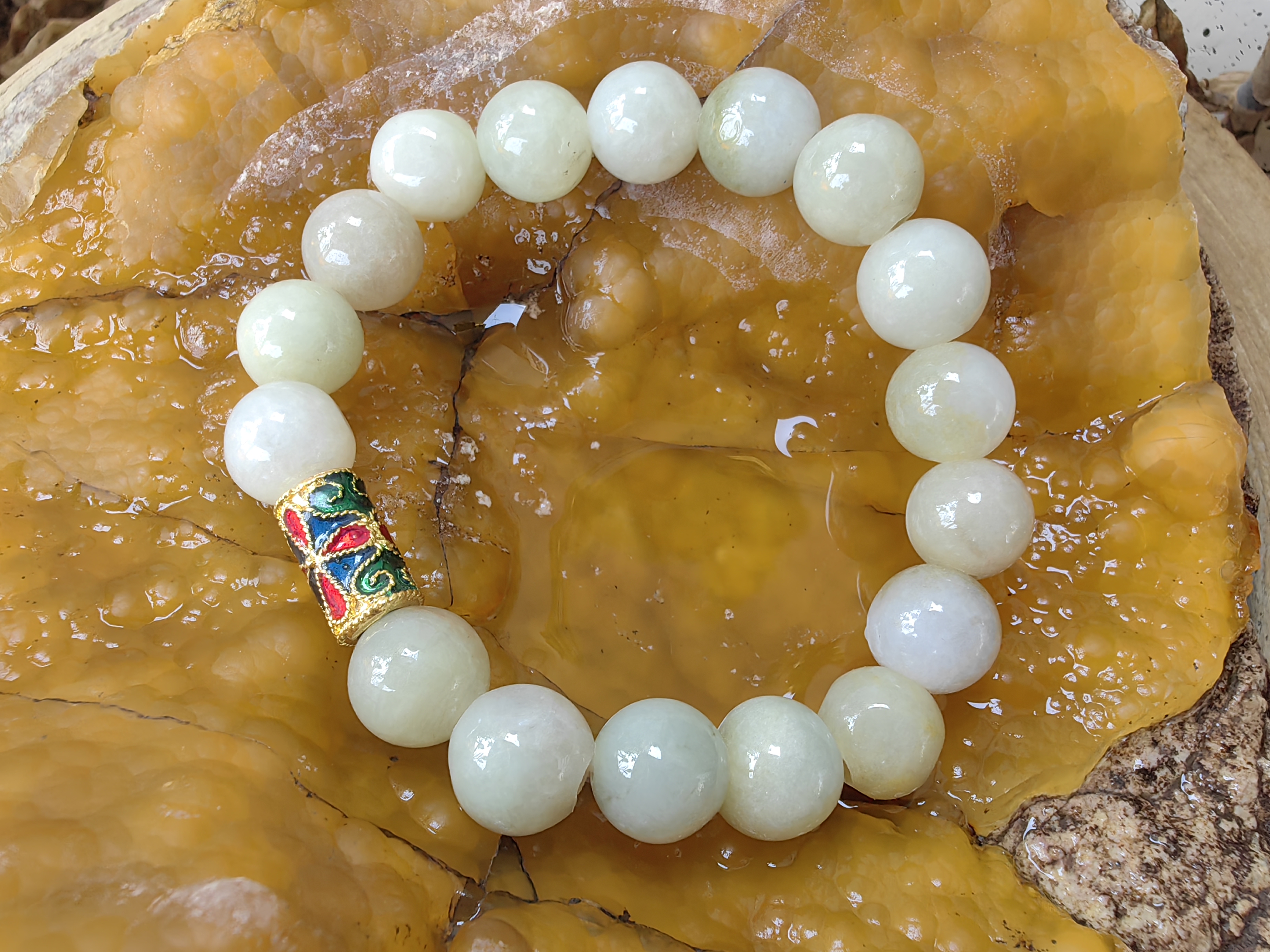 Burmese Jadeite Bracelets Thai Enamel Gold plated 10 mm. สร้อยข้อมือหยกพม่า ลงยาสุโขทัย กลม 10 มม. Free Size
