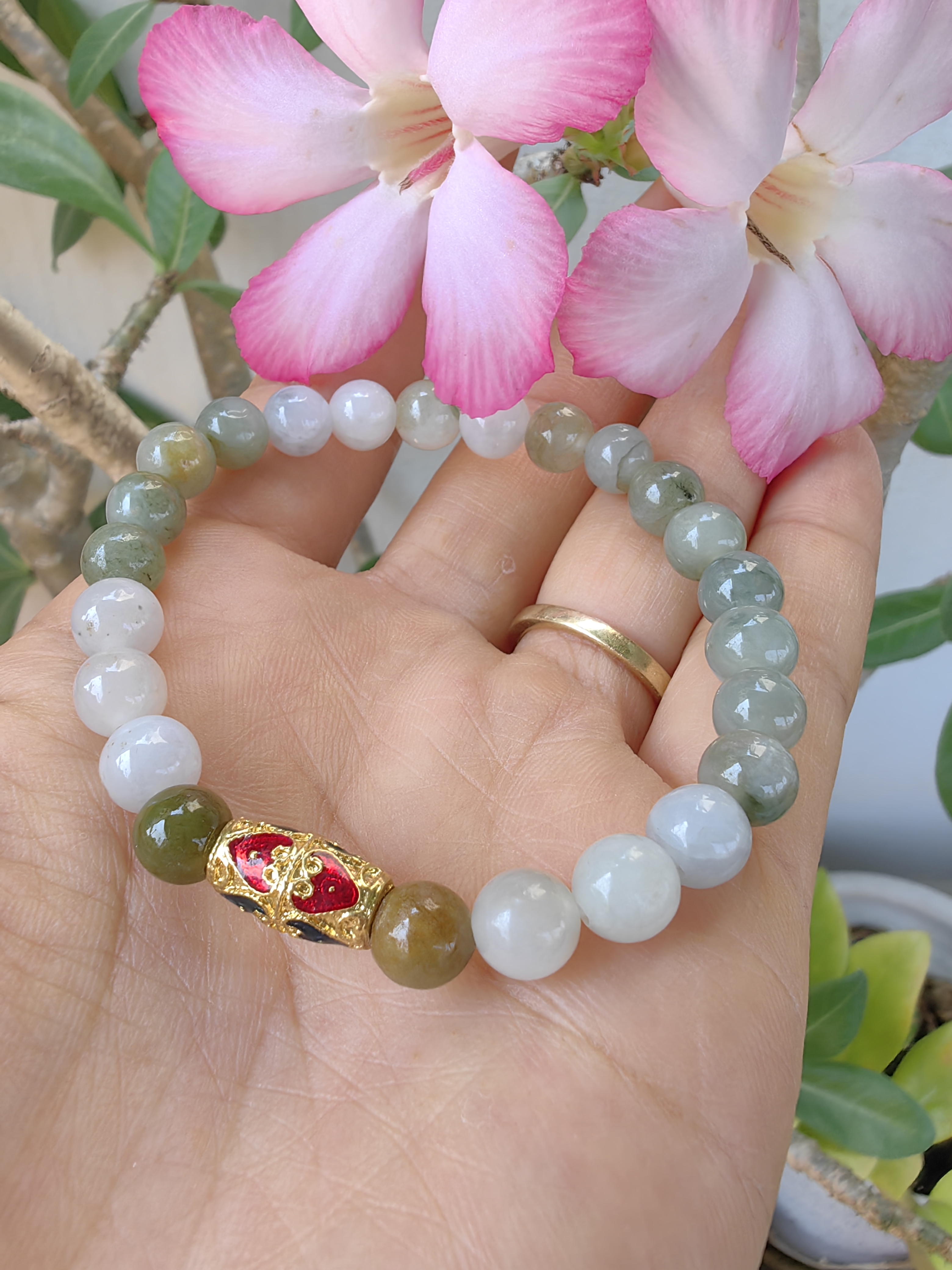 Burmese Jadeite Bracelets Thai Enamel Gold plated 7 mm. สร้อยข้อมือหยกพม่า ลงยาสุโขทัย กลม 7 มม. Free Size