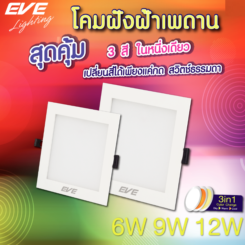 โคมพาแนลไลท์แอลอีดี สลับแสง หน้าเหลี่ยม 6W 9W 12W LED เปลี่ยนสีได้ 3 สีด้วยสวิตซ์ ปิด-เปิดทั่วไป Panel Color Change Square A1