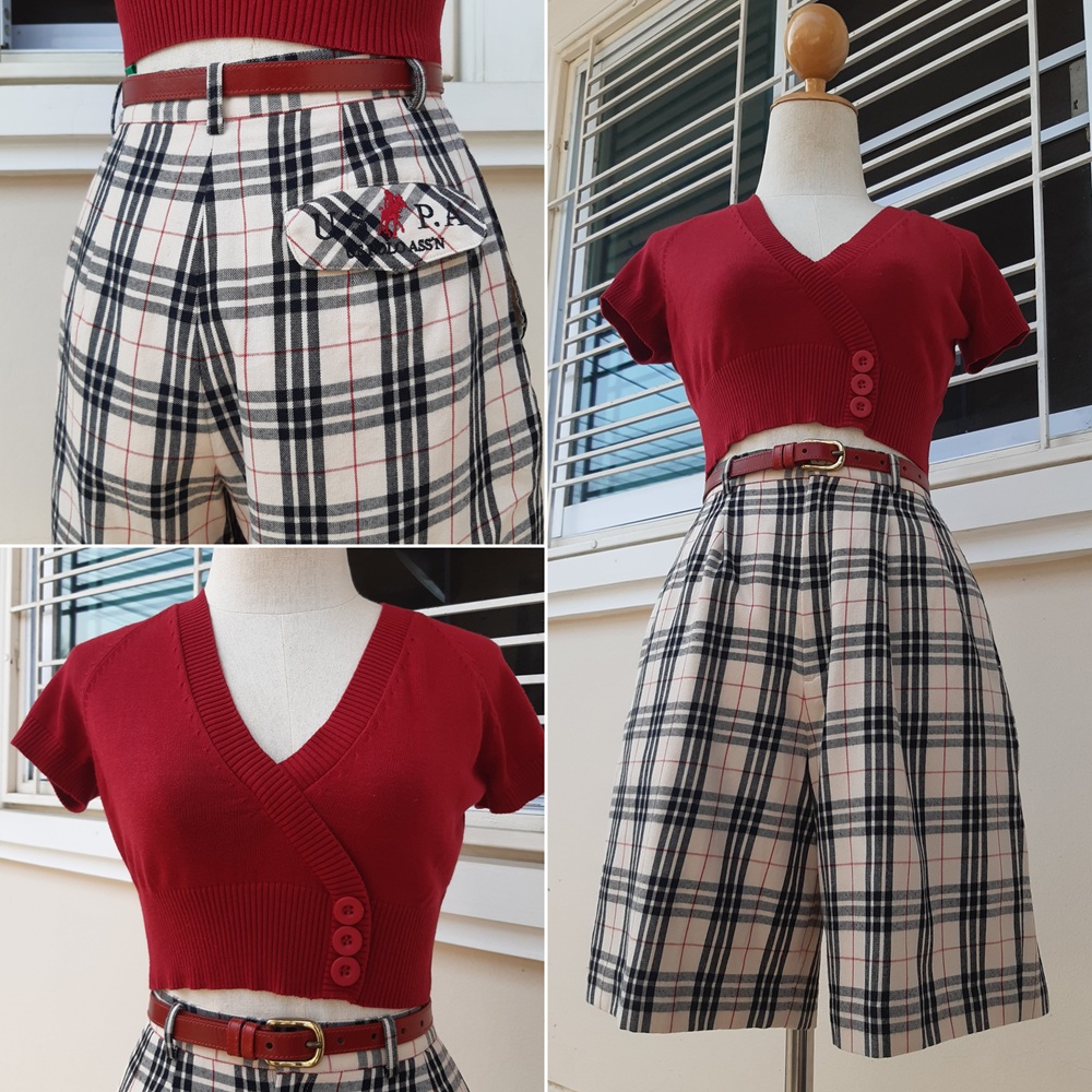 กางเกงวินเทจขาสั้นลายสก็อตสีครีม ลายคลาสสิคของแบรนด์