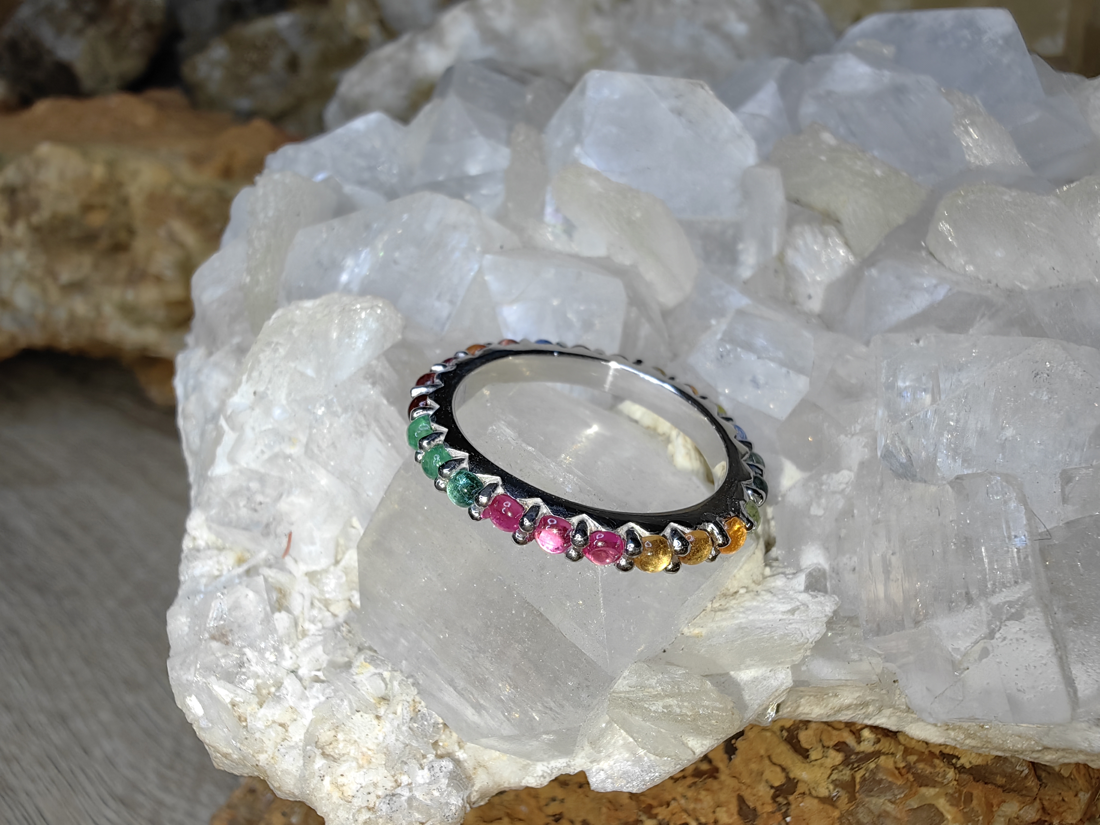 9 Lucky gemstones Ruby, Blue Sapphire, Emerald, Topaz, Zircon, Yellow Sapphire, Moonstone, Garnet, Cat's eyes 925 Sterling Silver แหวนนพเก้า ทับทิม ไพลิน มรกต โทแพซ ไพฑูรย์ บุษราคัม มูนสโตน โกเมน ตาแมว Size 56 เงินแท้ 925