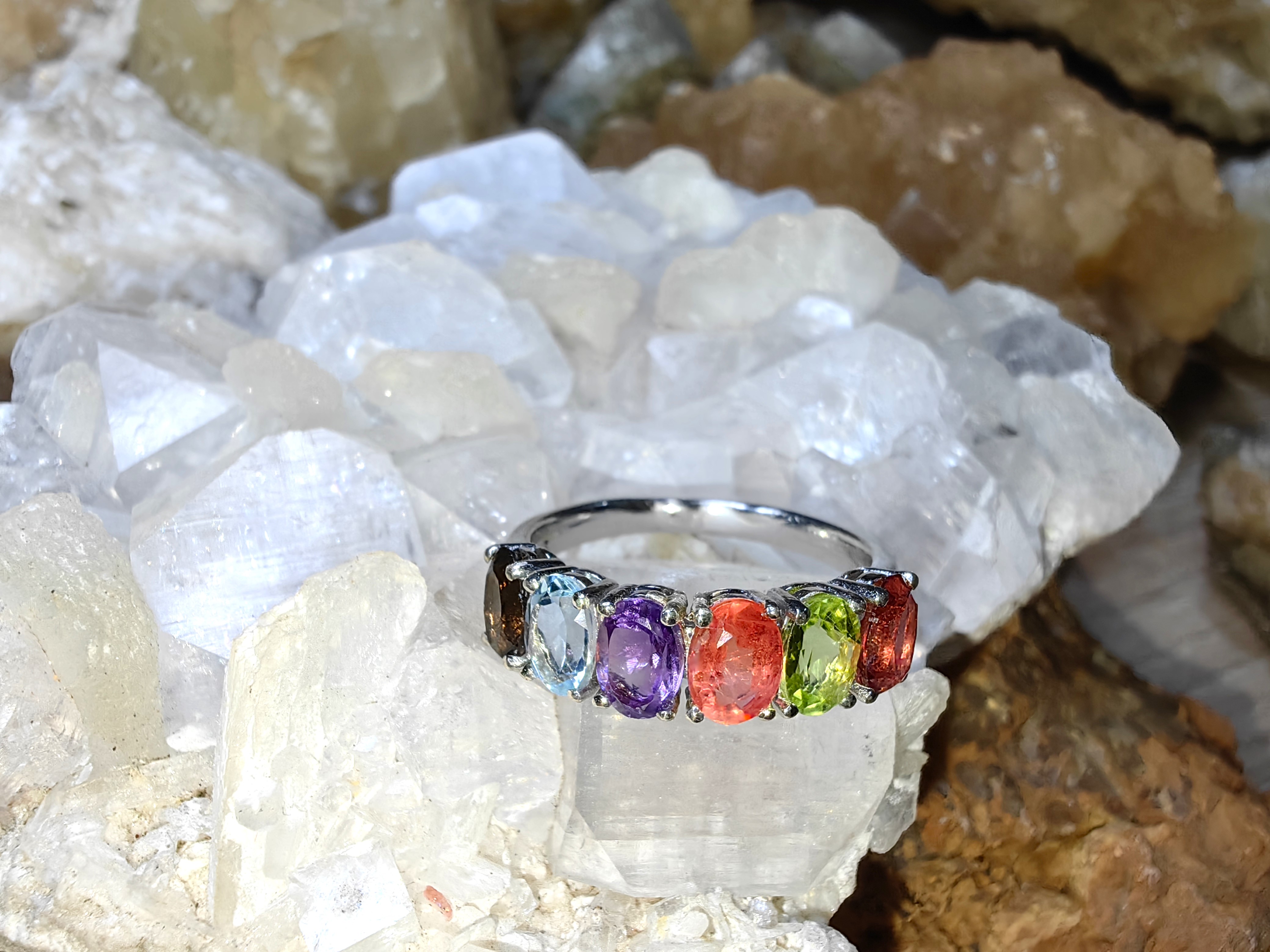 Ruby, Peridot, Tourmaline, Amethyst, Topaz, Smoky Quartz 925 Sterling Silver แหวนทับทิม เพอริดอท ทัวร์มาลีน อเมทิสต์ สโมกกี้ควอตซ์ Size 57 เงินแท้ 925