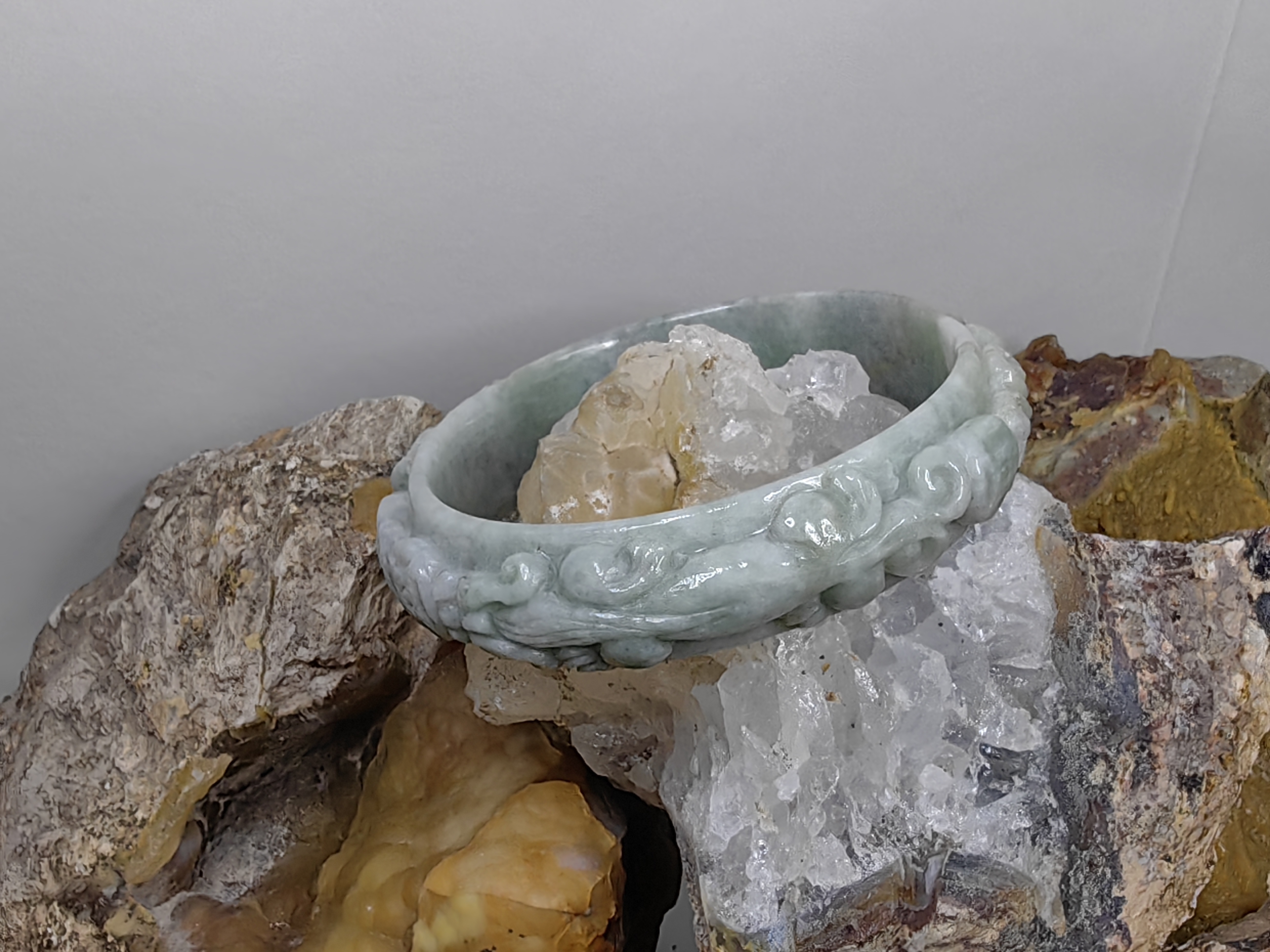 Carved Burmese Jadeite Bangle Size 56
