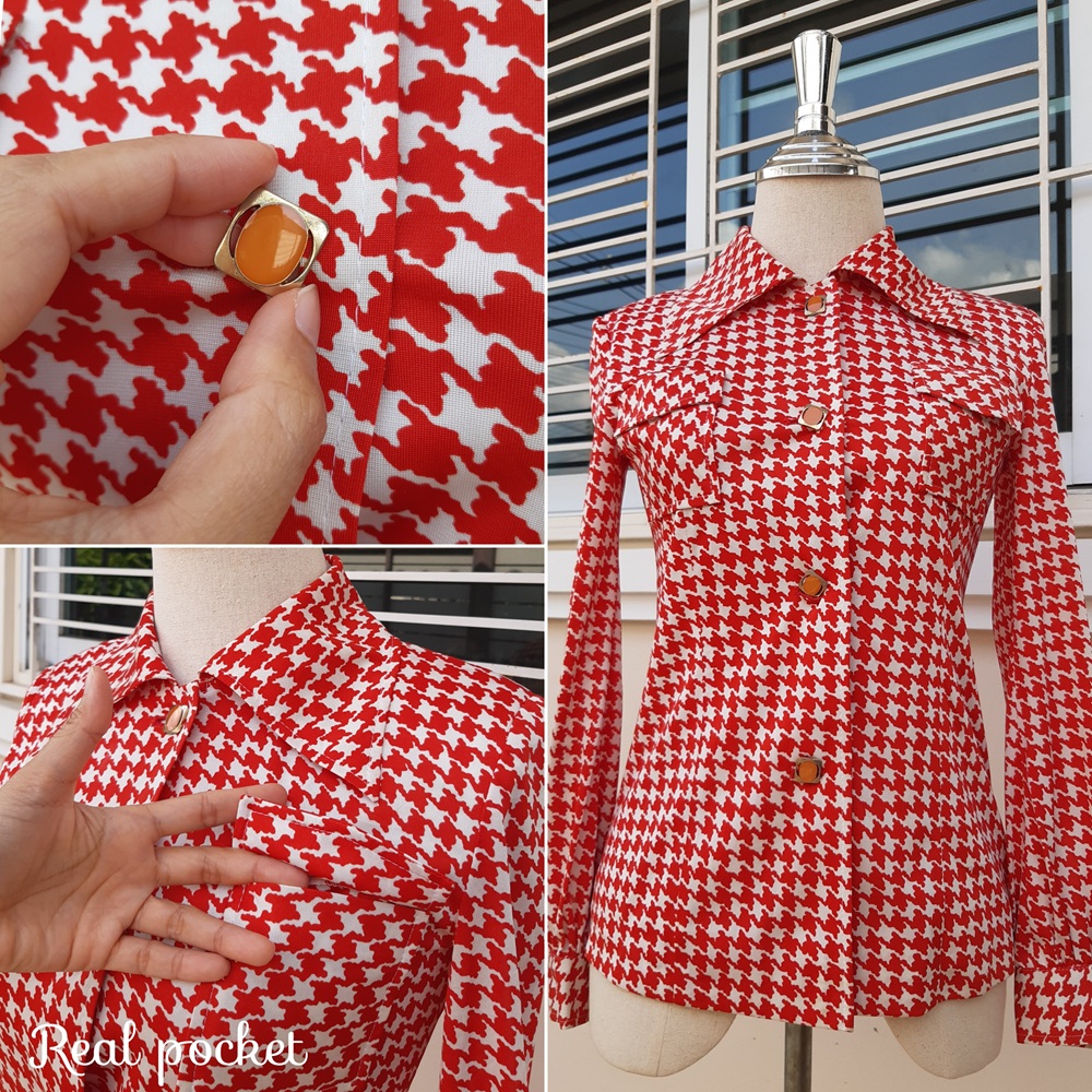 เสื้อเชิ้ตวินเทจแขนยาวชายชิโนริสีขาว-แดง (Houndstooth)