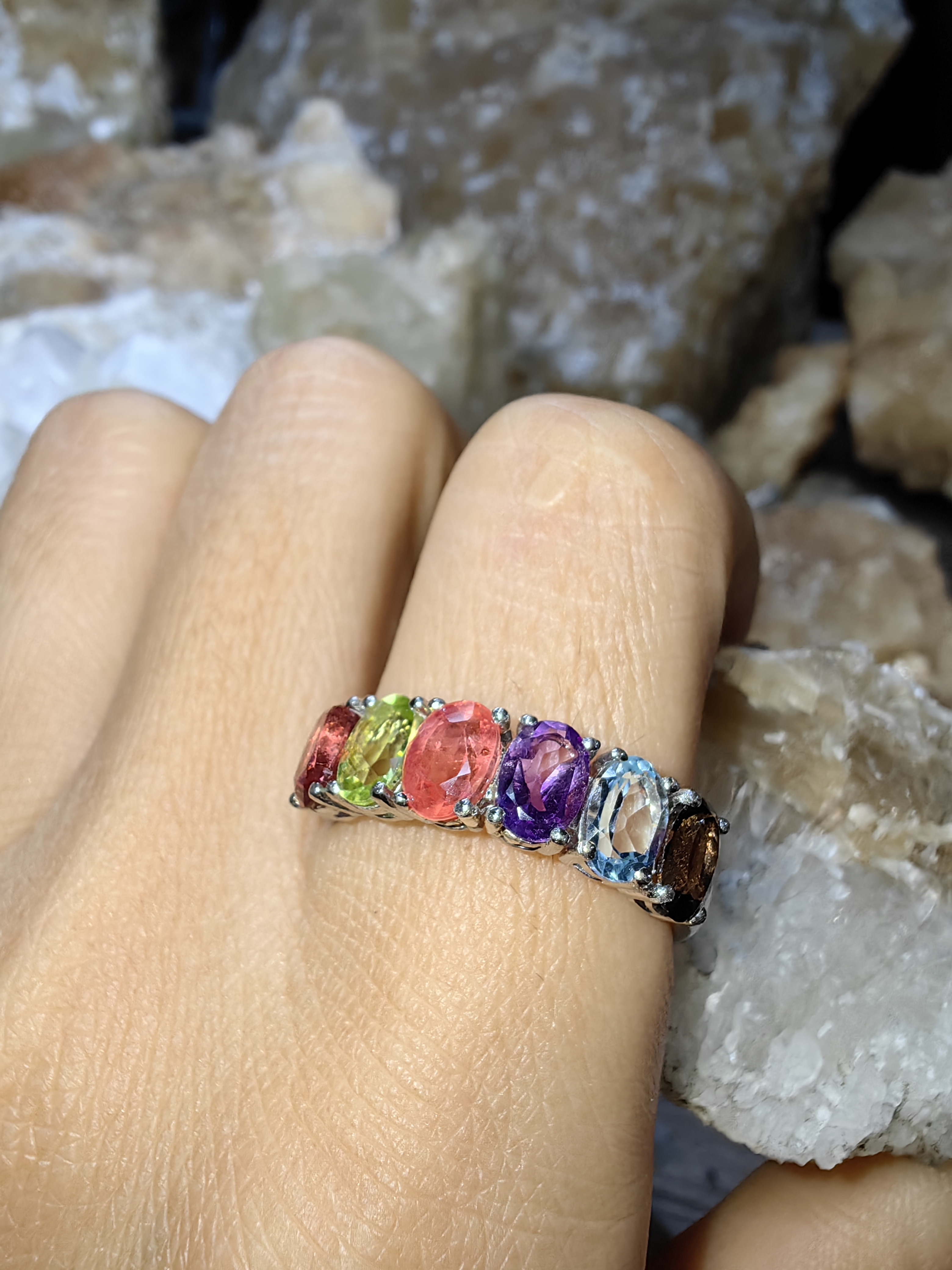Ruby, Peridot, Tourmaline, Amethyst, Topaz, Smoky Quartz 925 Sterling Silver แหวนทับทิม เพอริดอท ทัวร์มาลีน อเมทิสต์ สโมกกี้ควอตซ์ Size 57 เงินแท้ 925
