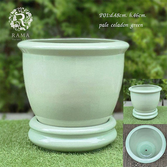 กระถางเซรามิค พร้อมถาดรอง P02 ขนาดกว้าง 16" เคลือบสีเขียวศิลาดล