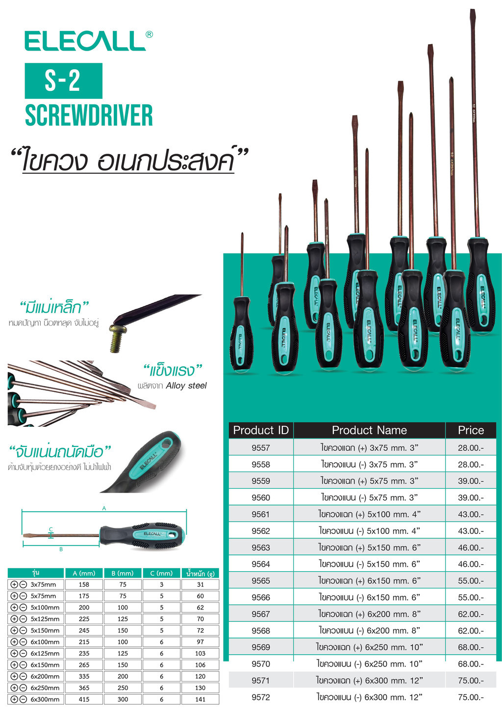 ELECALL ไขควง ปากแบน/แฉก ด้ามยาง ไม่นำไฟฟ้า หลายไซต์ หลายขนาด