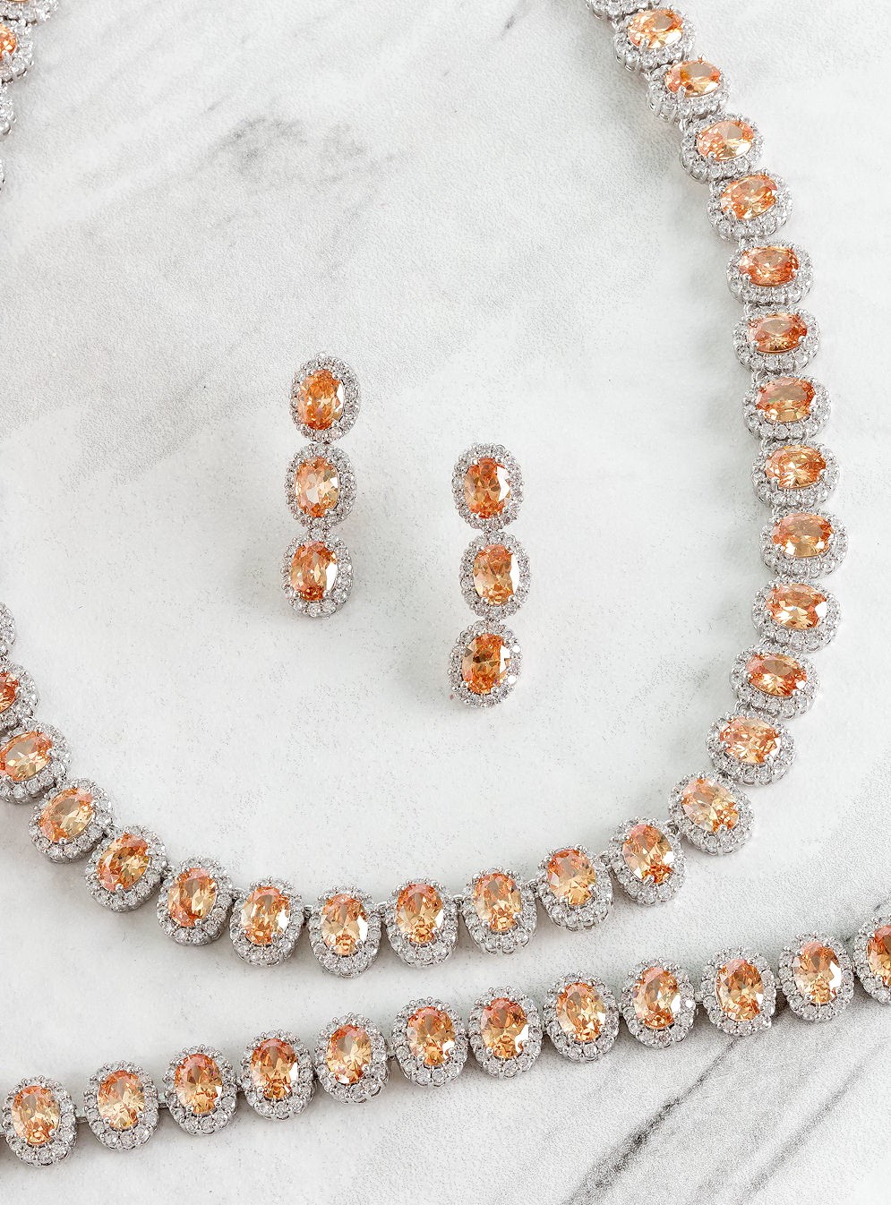 ORANGE SAPPHIRE DIAMOND 18K WHITE GOLD NECKLACE EARRING BRACELETS สร้อยคอ ต่างหู สร้อยข้อมือ แซฟไฟร์สีส้ม ล้อมเพชร ทอง 18K Pre-order
