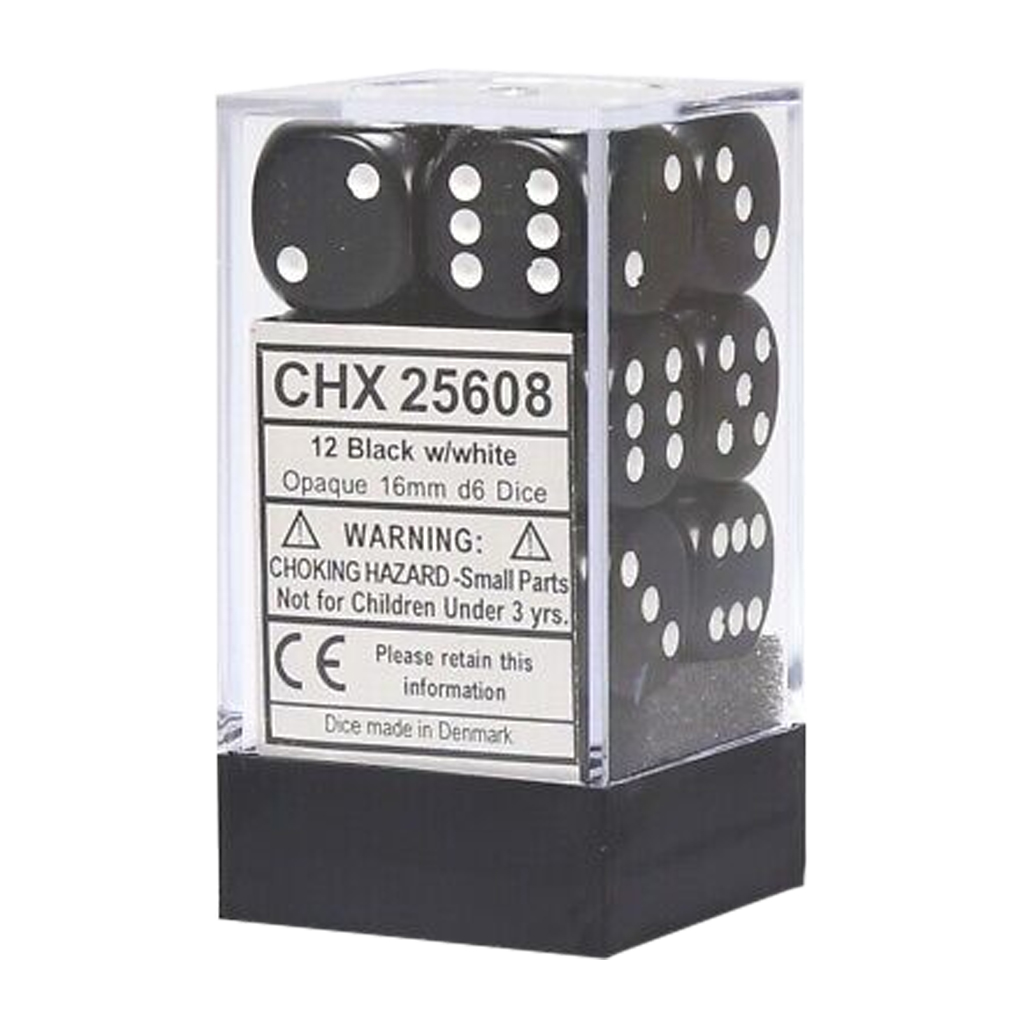 [ลูกเต๋า] Chessex: Opaque Black/White 16mm D6 (12 Dice)