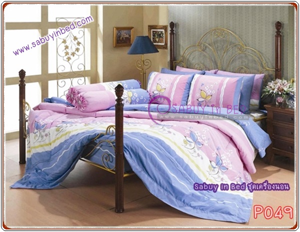ชุดเครื่องนอน ผ้าปูที่นอน กันไรฝุ่น Satin ซาตินพรีเมียร์ ลาย P049 (ฟ้า ชมพู ขาว สีสวย)