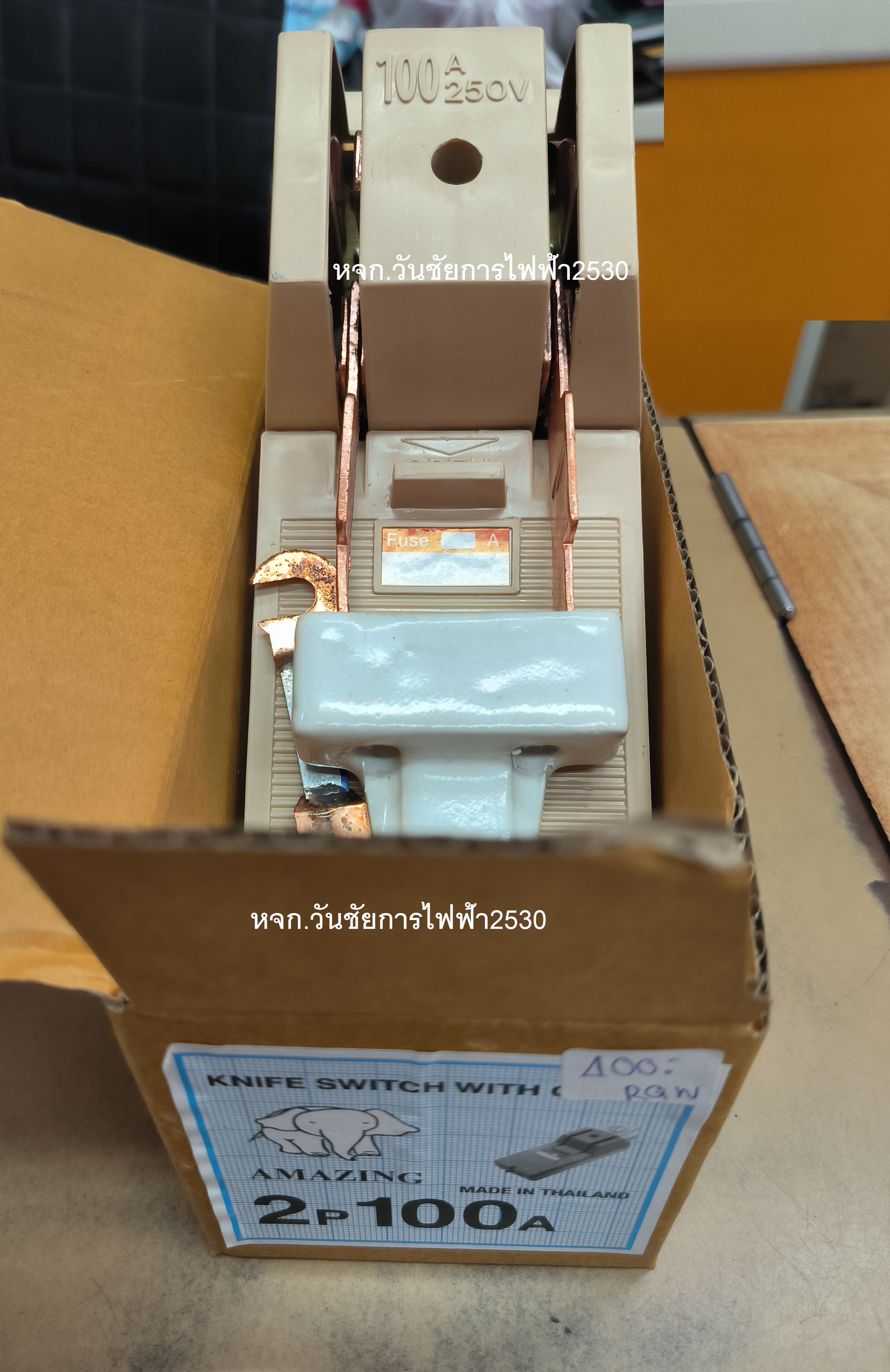 คัทเอาท์ตราช้างเอซิ่ง สะพานไฟ 2P 100A แถม ฟิวส์ 2 ตัว