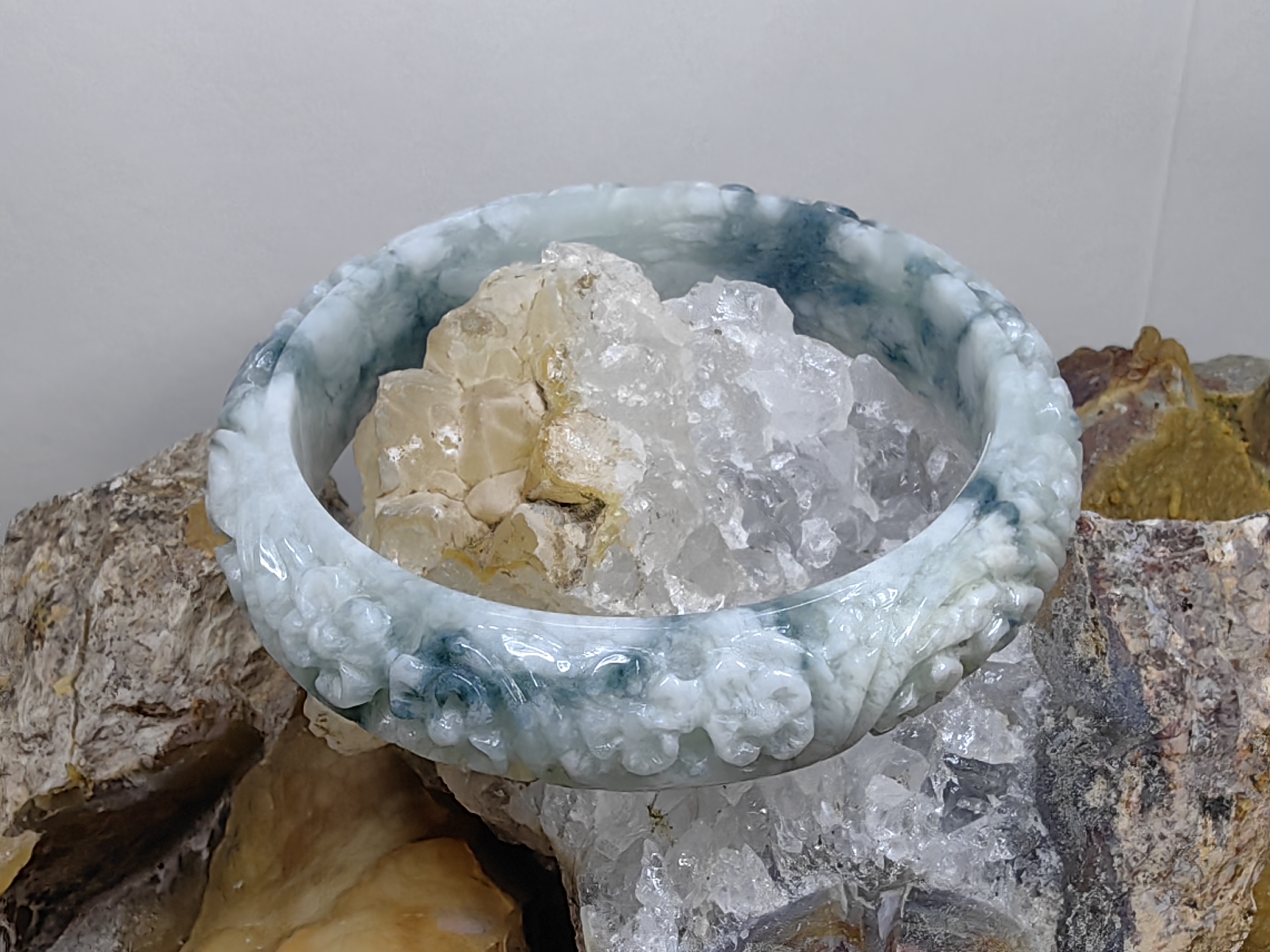 Carved Burmese Jadeite Bangle Size 60