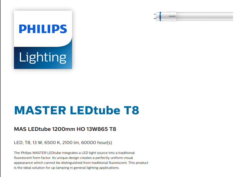 Philips MASTER หลอดไฟรุ่นมาสเตอร์แอลอีดี LED tube 8W865 T8 1050Lm T8 600มม 1050ลูเมน LEDtube 600mm HO