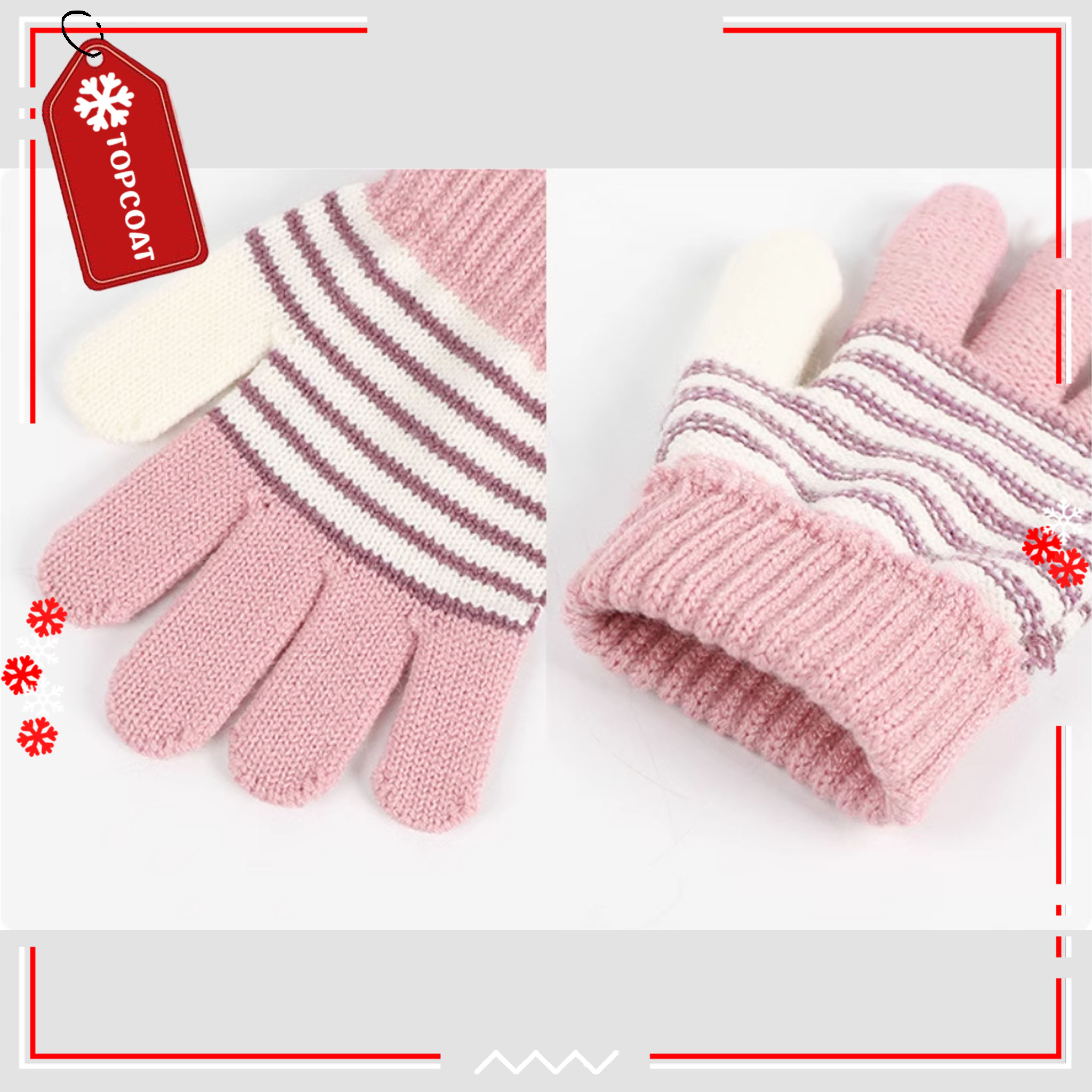 เซ็ทถุงมือ หมวกและผ้าพันคอแบบสวมสำหรับเด็กลายเส้น มีจุกเฟอร์ตกเเต่งที่หมวกและผ้าพันคอ