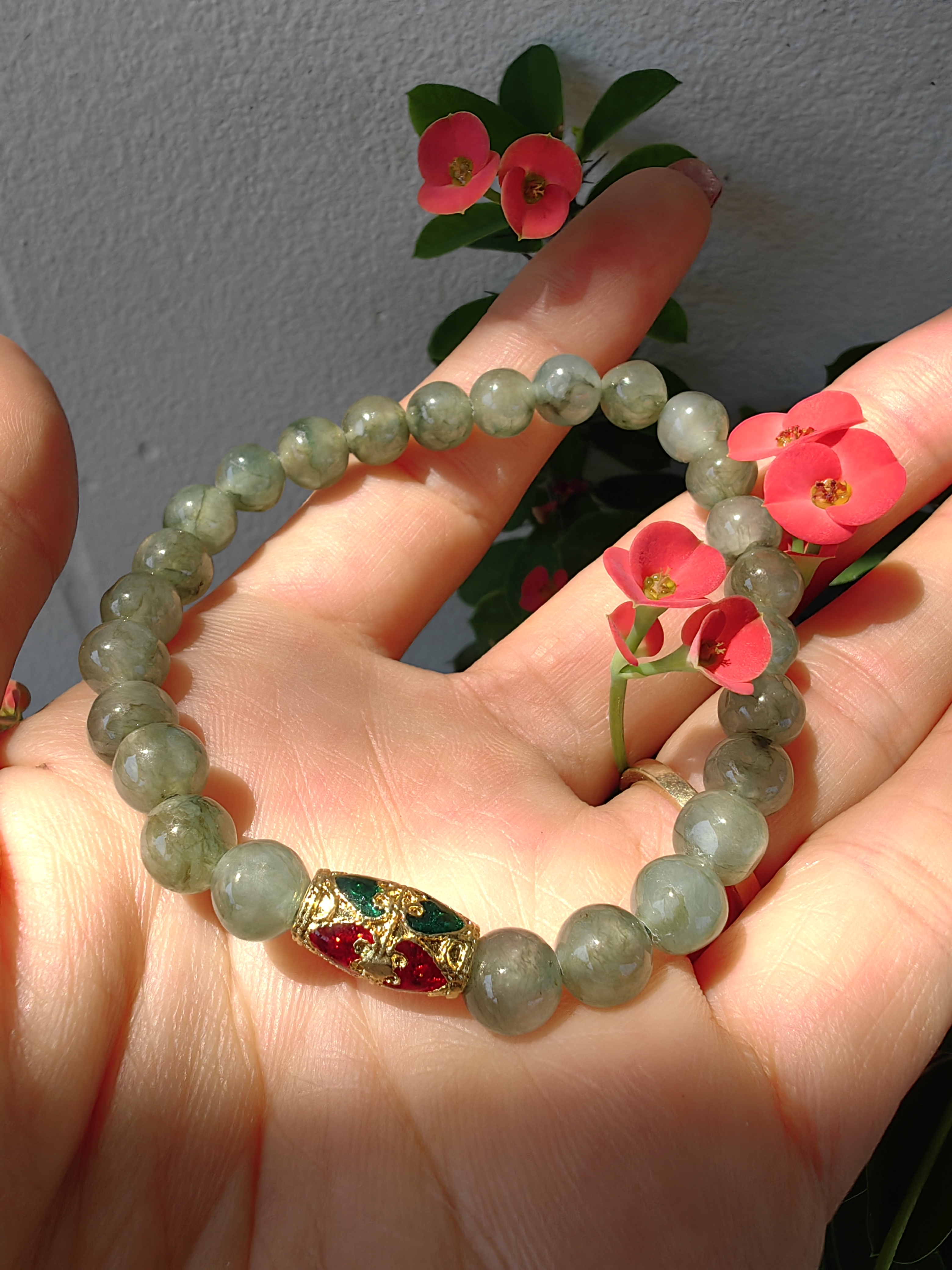 Burmese Jadeite Bracelets Thai Enamel Gold plated 7 mm. สร้อยข้อมือหยกพม่า ลงยาสุโขทัย กลม 7 มม. Free Size