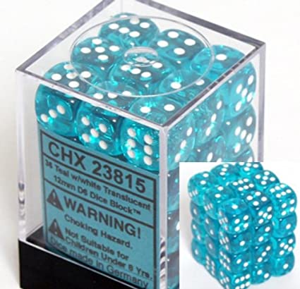 [ลูกเต๋า] Chessex: Translucent Teal w/white 12mm D6 Dice Block