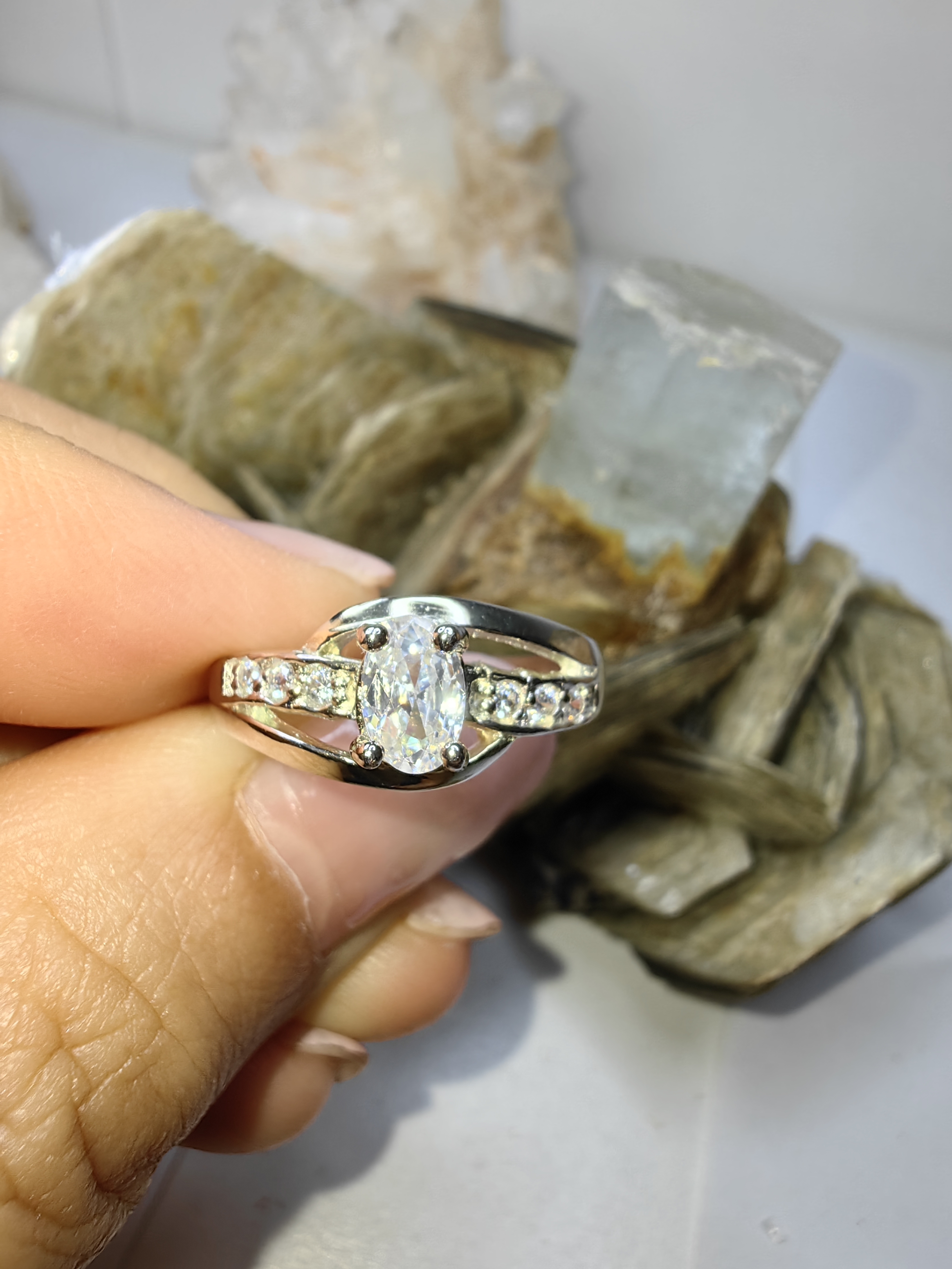 แหวนเพชร CZ เงินแท้ 92.5% Cubic Zirconia 925 Sterling Silver Ring Size 52, 55