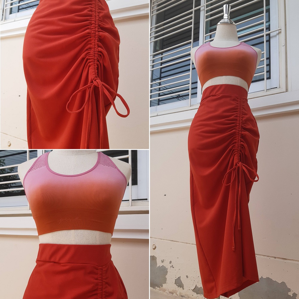 กระโปรงยาวทรงเอสีส้มอิฐ รูดเชือกด้านข้างได้