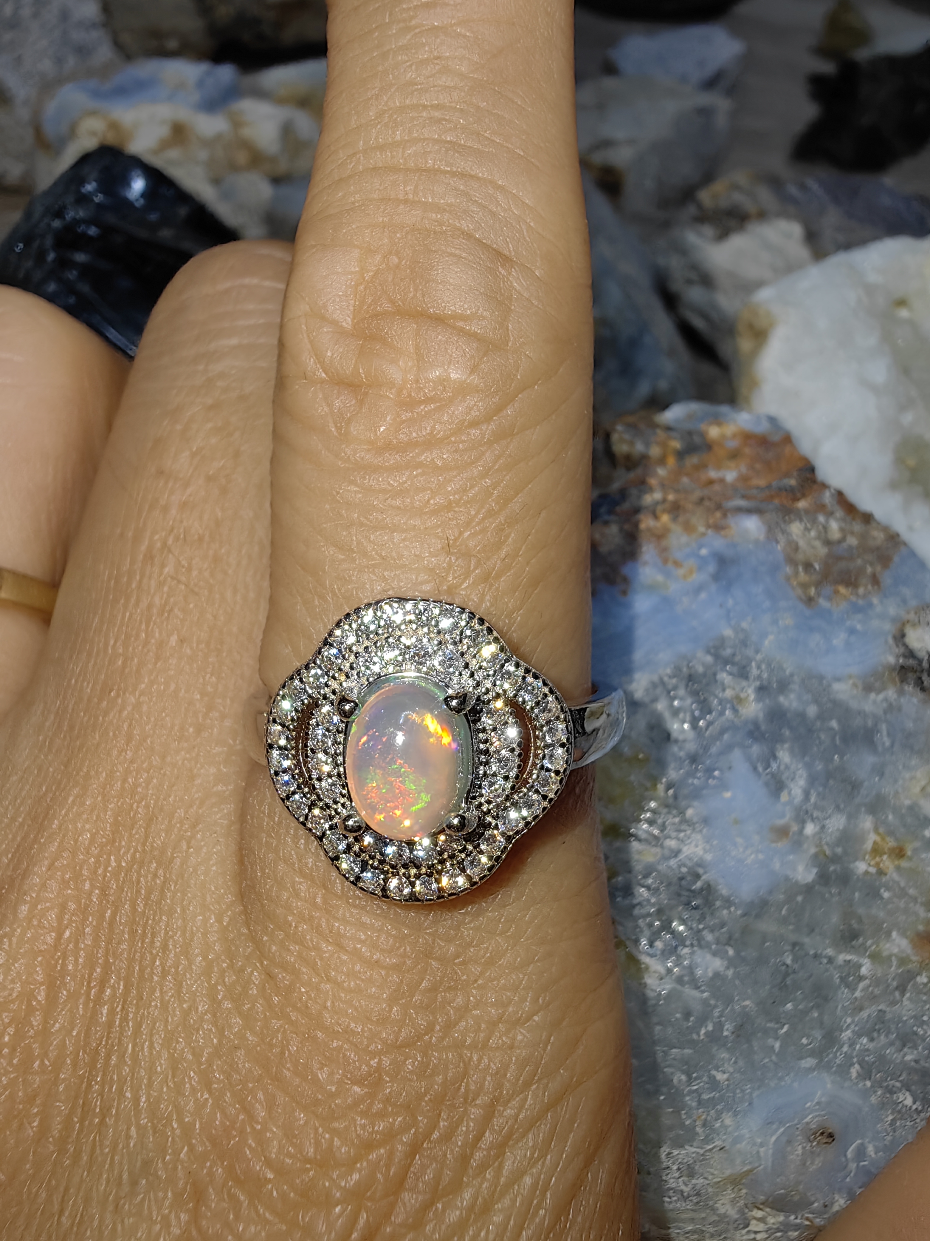 Opal, Swiss Diamond 925 Sterling Silver Ring แหวนโอปอ เพชรสวิส เงินแท้ 925 Size 56